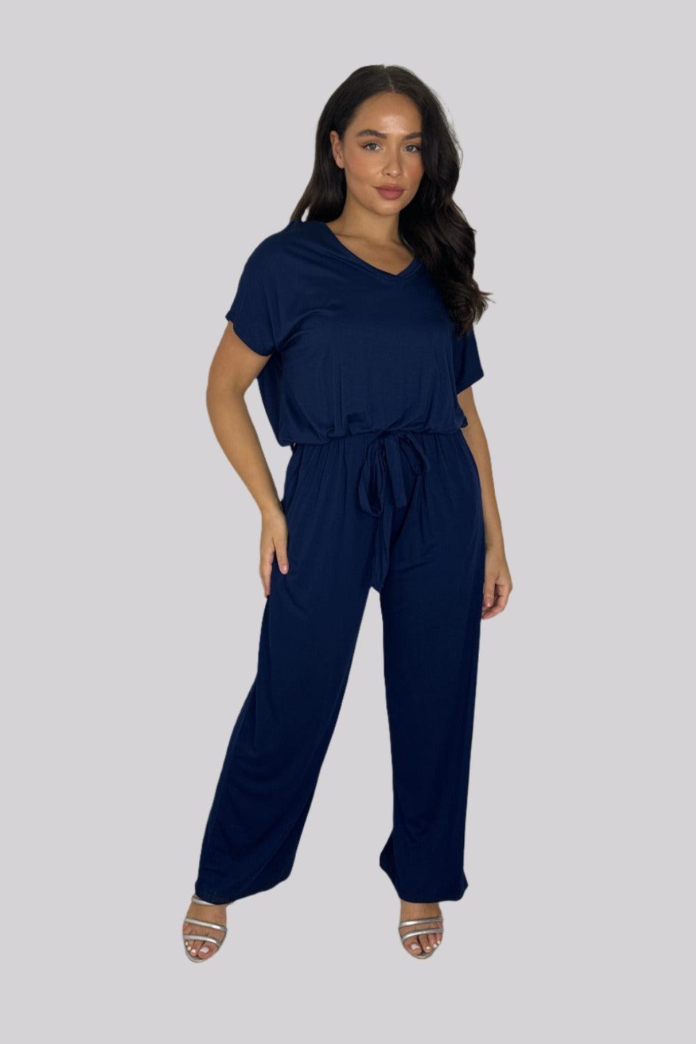 Viscose Blend V-Cut Short Sleeve Casual Tie Up Jumpsuit-SinglePrice