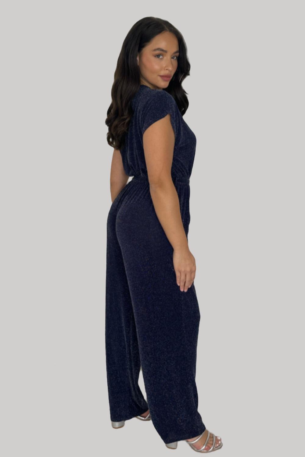 Low Cut Tie Up Waist Wide Leg Shimmer Jumpsuit-SinglePrice