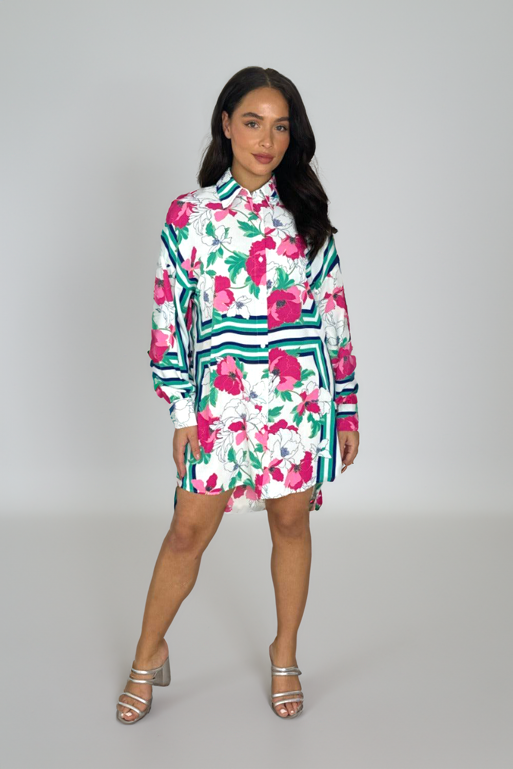 Vibrant Flower Print Long Sleeve Hi Low Shirt Dress