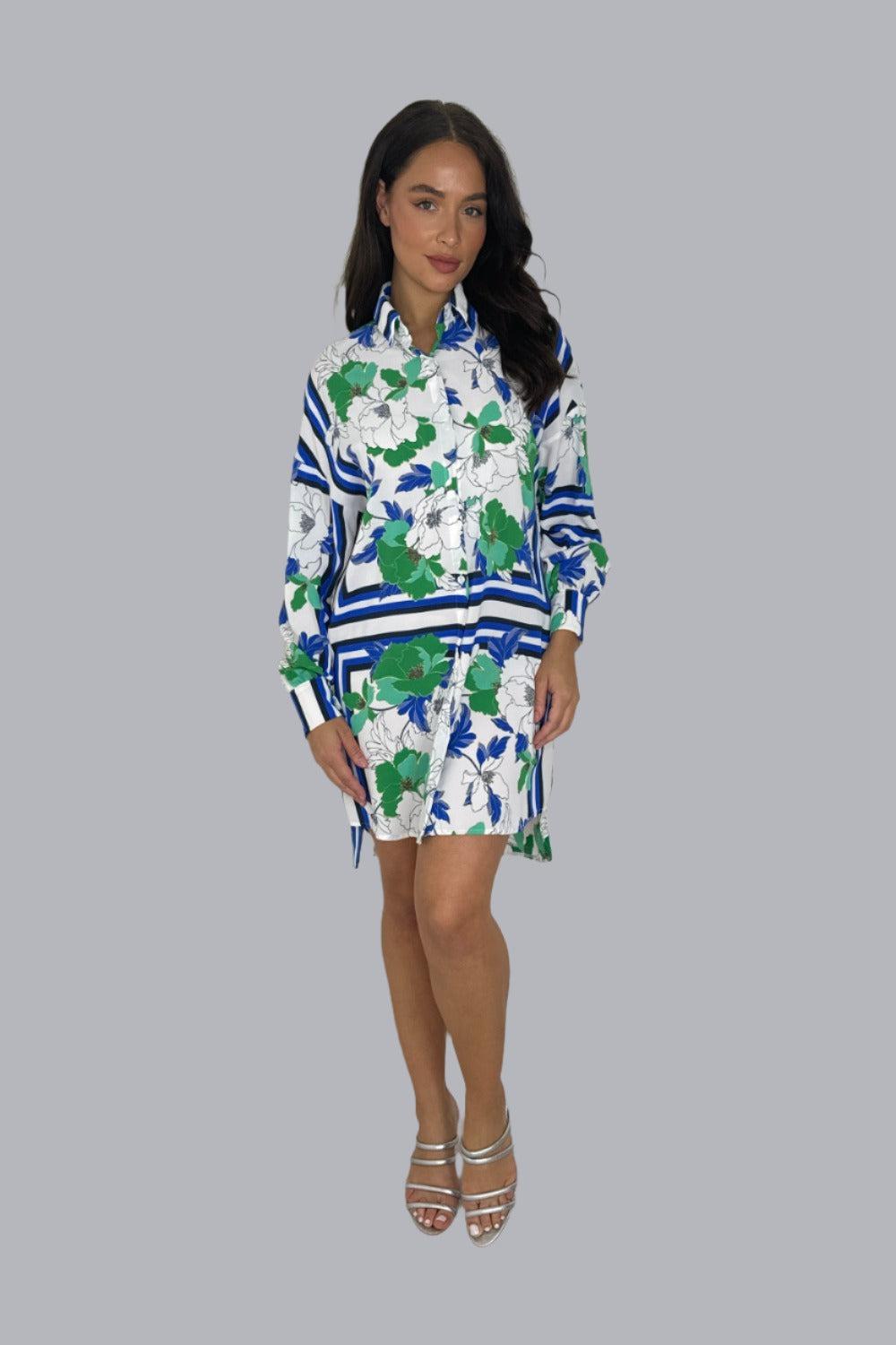 Vibrant Flower Print Long Sleeve Hi Low Shirt Dress-SinglePrice