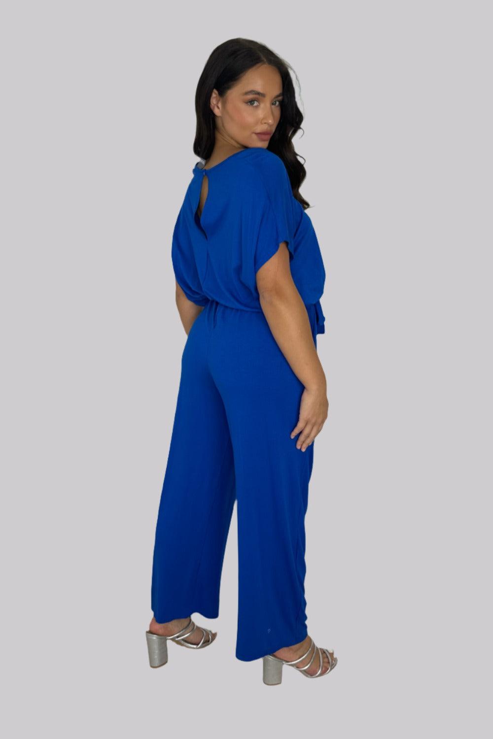 Viscose Blend V-Cut Short Sleeve Casual Tie Up Jumpsuit-SinglePrice