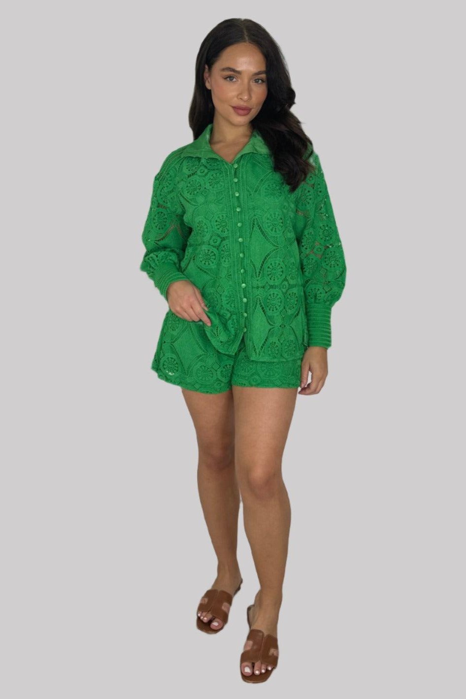 High Neck Crochet Blouse And Shorts Co-ord Set-SinglePrice