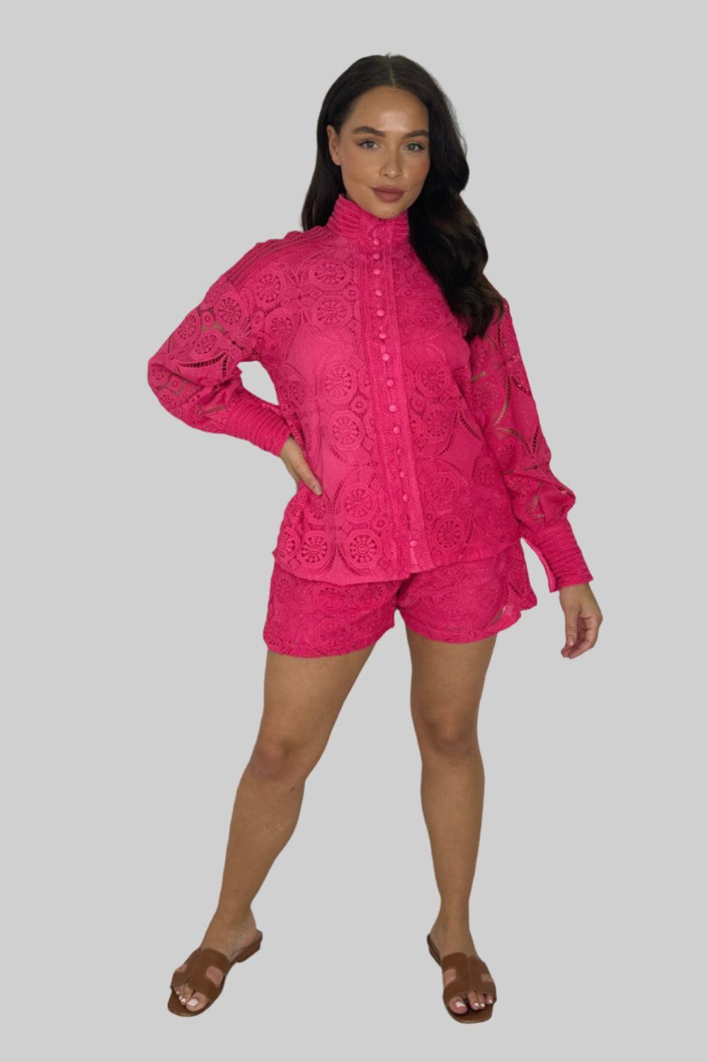 High Neck Crochet Blouse And Shorts Co-ord Set-SinglePrice