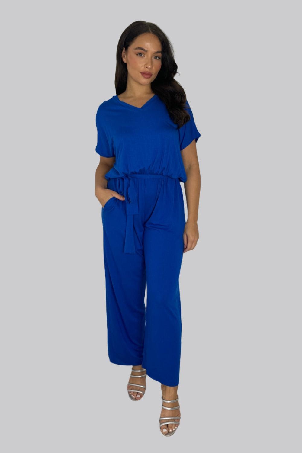 Viscose Blend V Cut Short Sleeve Casual Tie Up Jumpsuit