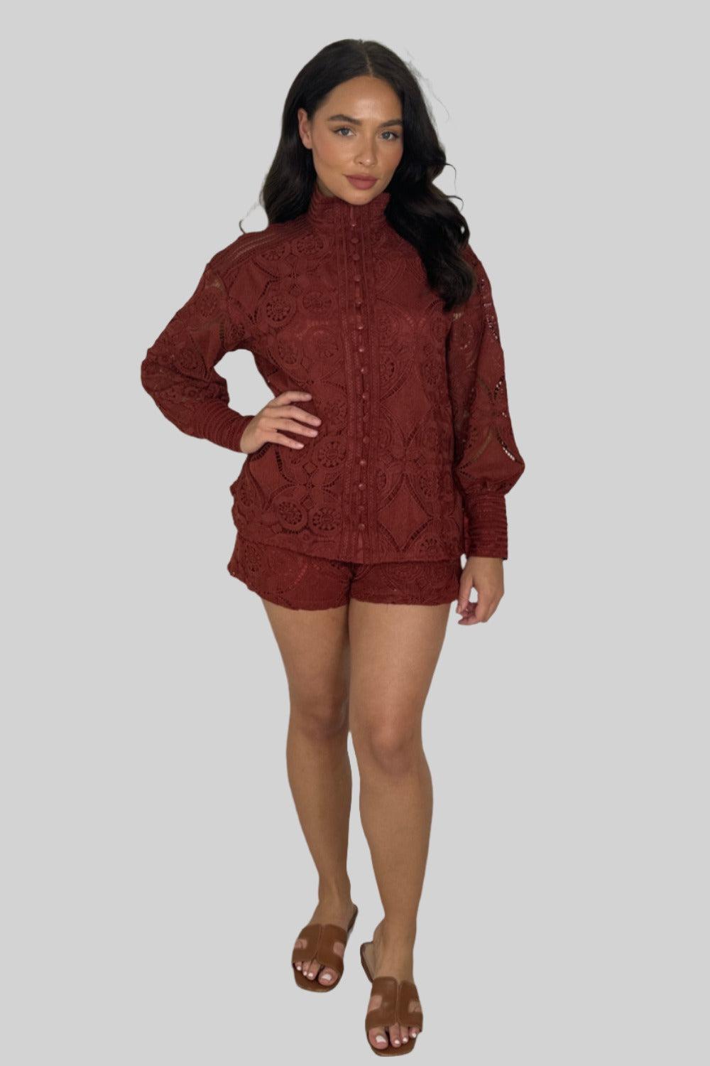 High Neck Crochet Blouse And Shorts Co-ord Set-SinglePrice