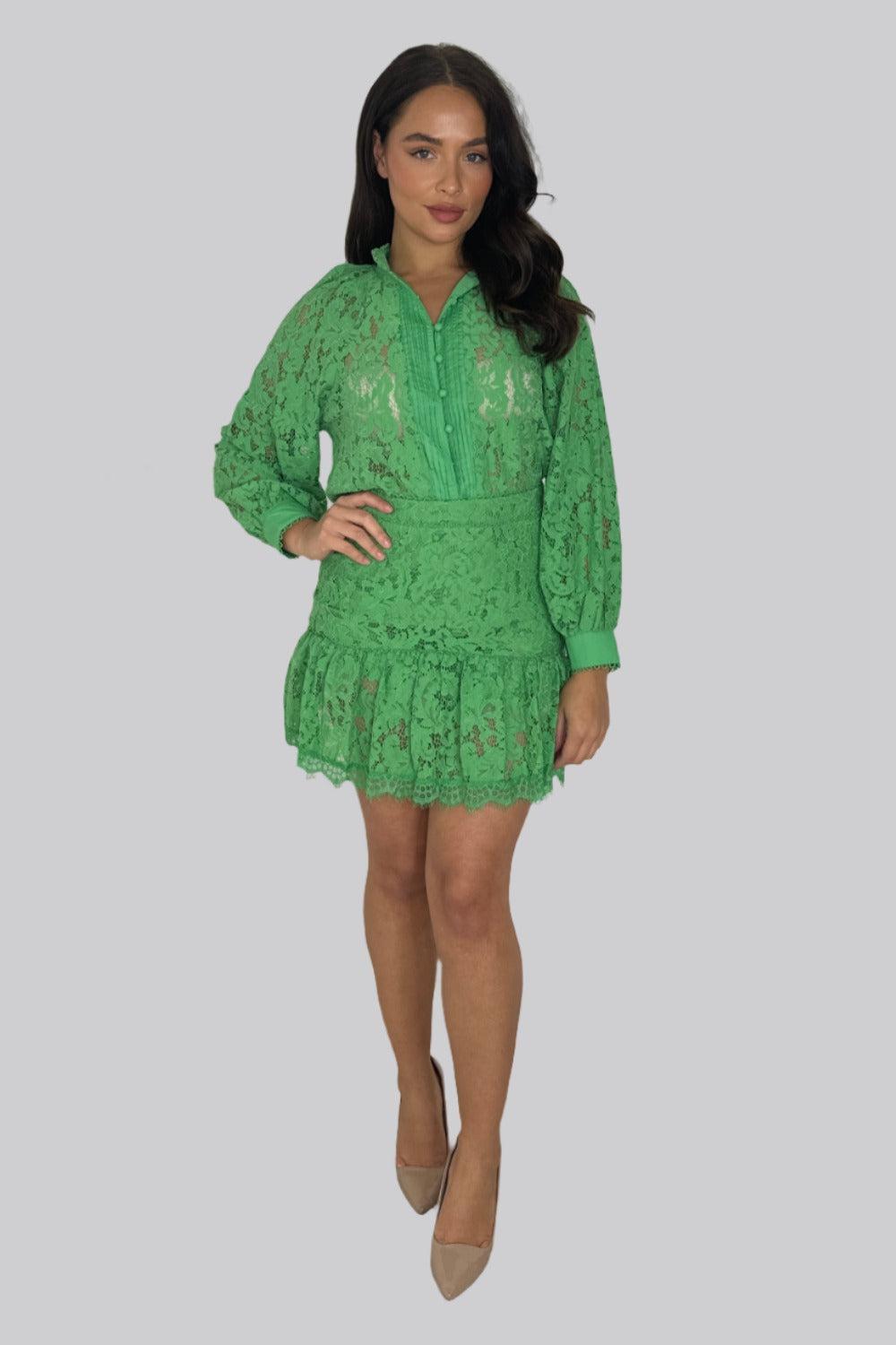 Sheer Crochet Mock Neck Blouse And Mini Skirt Co-ord Set-SinglePrice