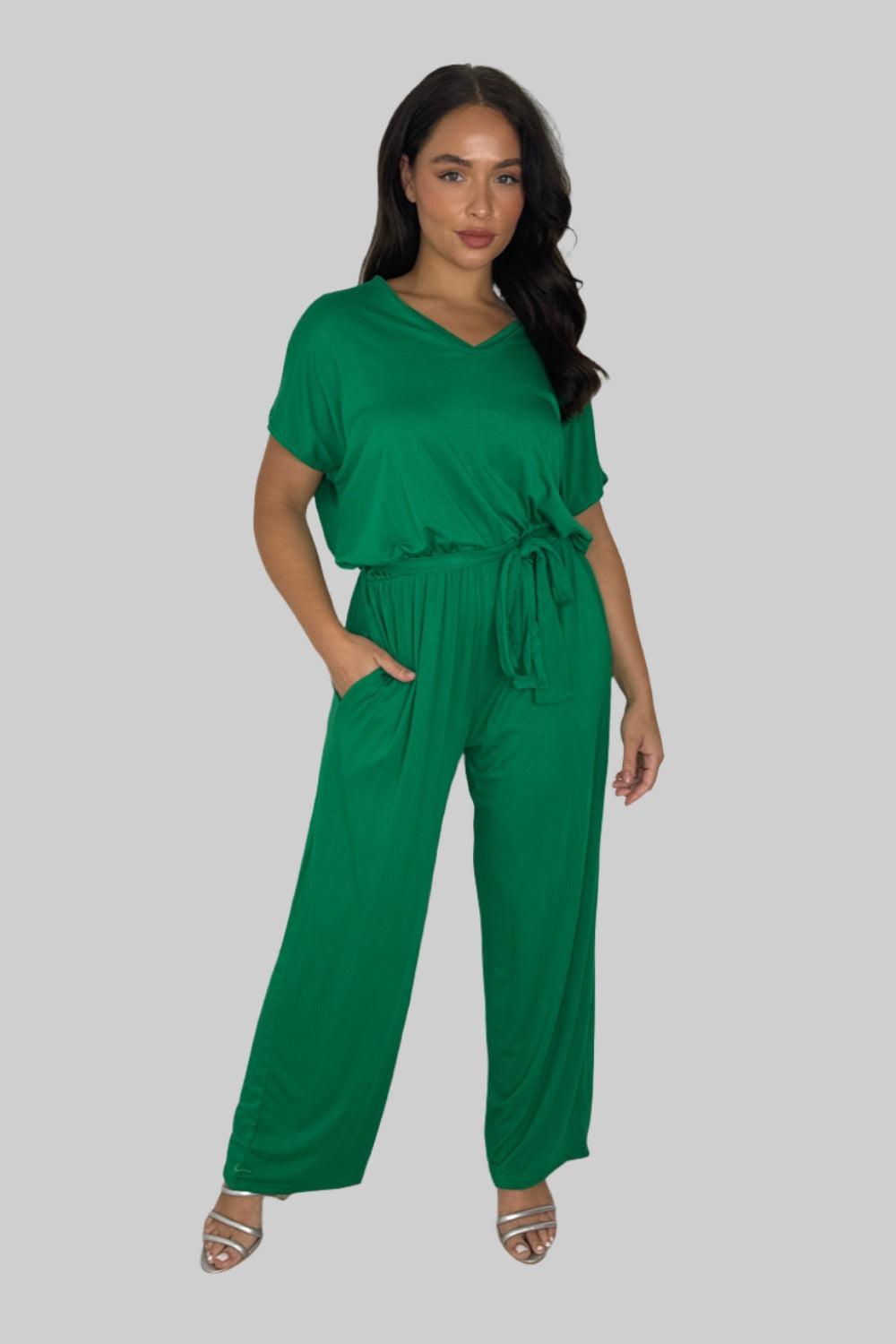 Viscose Blend V-Cut Short Sleeve Casual Tie Up Jumpsuit-SinglePrice