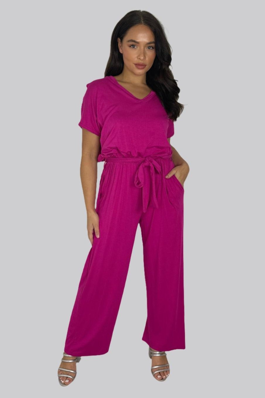 Viscose Blend V-Cut Short Sleeve Casual Tie Up Jumpsuit-SinglePrice