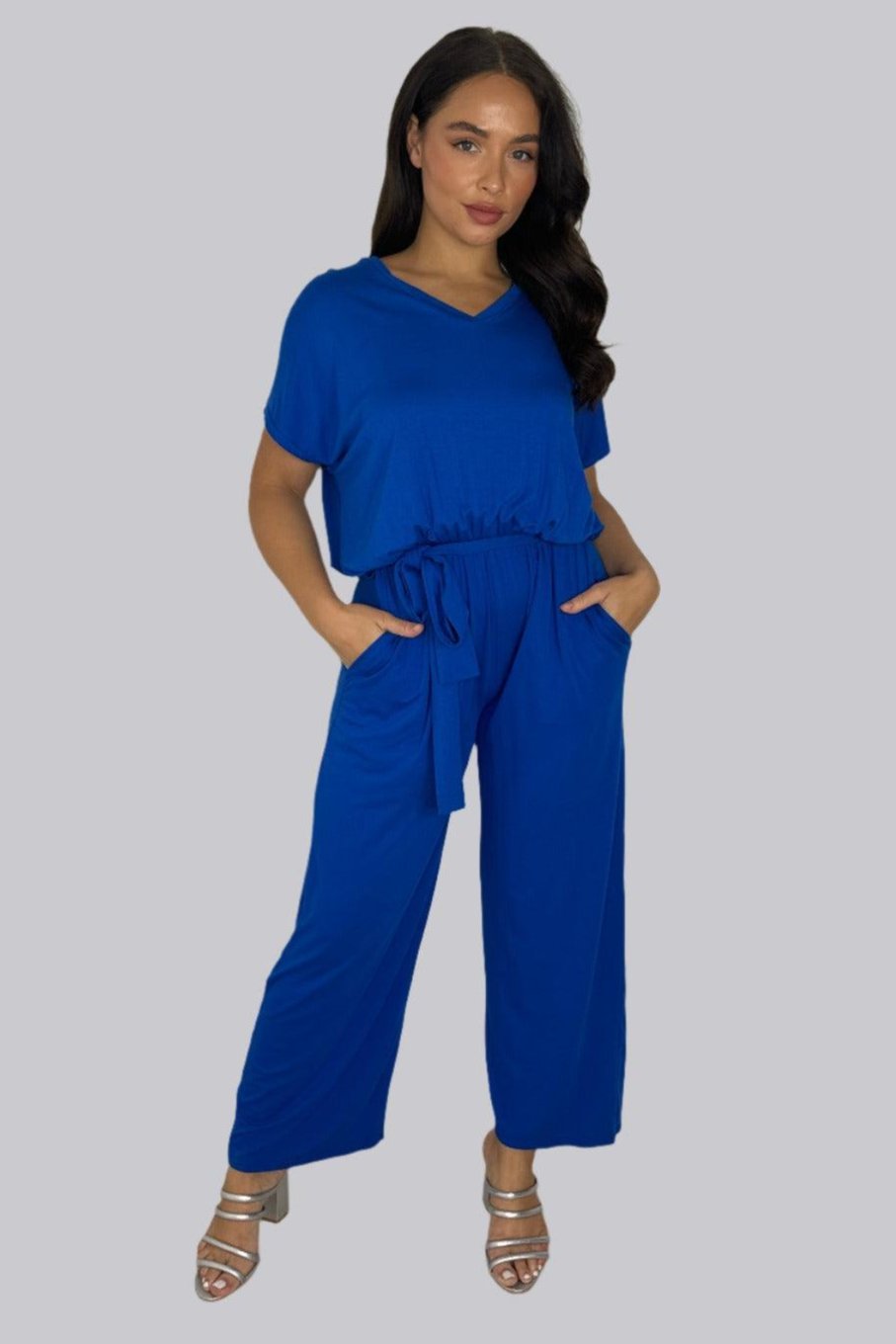 Viscose Blend V-Cut Short Sleeve Casual Tie Up Jumpsuit-SinglePrice