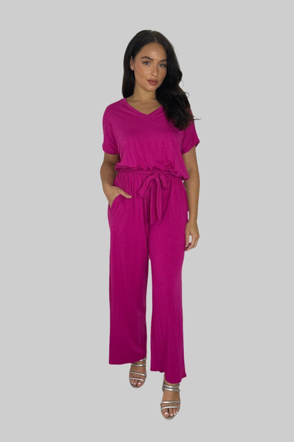 Viscose Blend V-Cut Short Sleeve Casual Tie Up Jumpsuit-SinglePrice