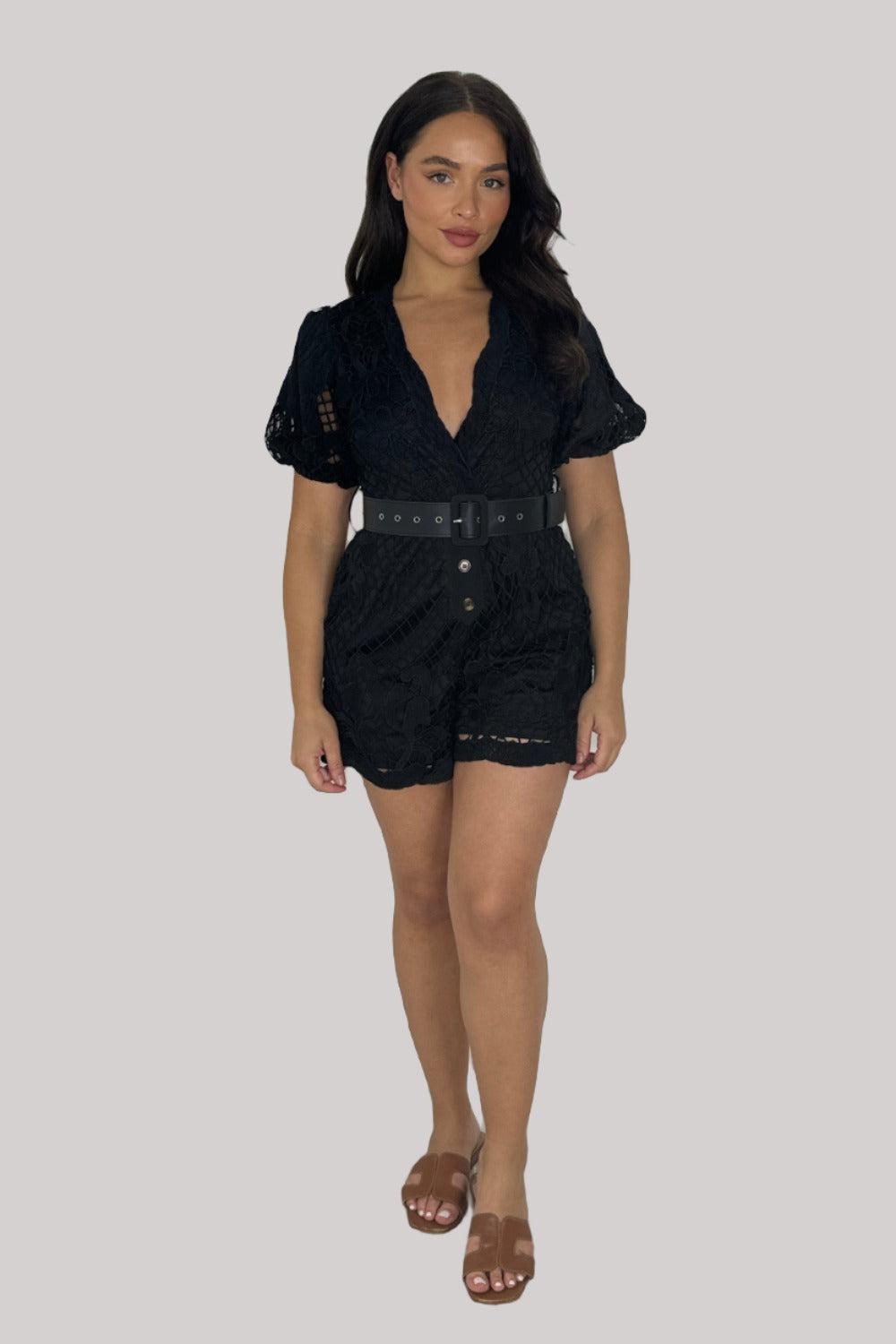 Elegant Crochet Button Detail Belted Playsuit-SinglePrice