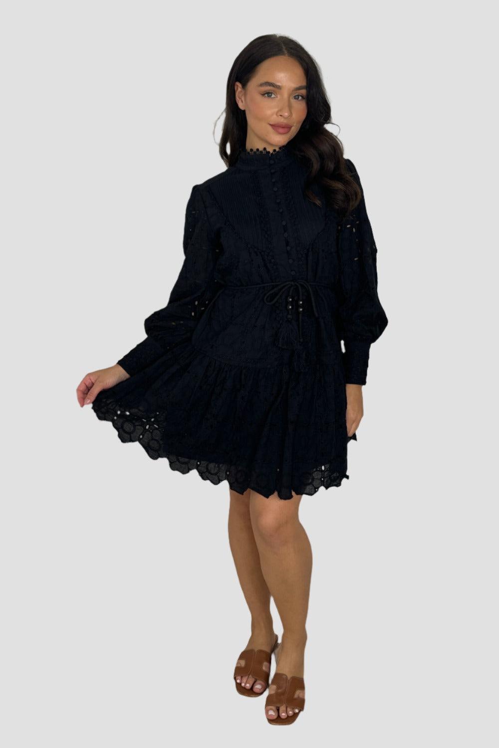 Elegant Button Down Tassel Tie Crochet Layered Black Dress-SinglePrice