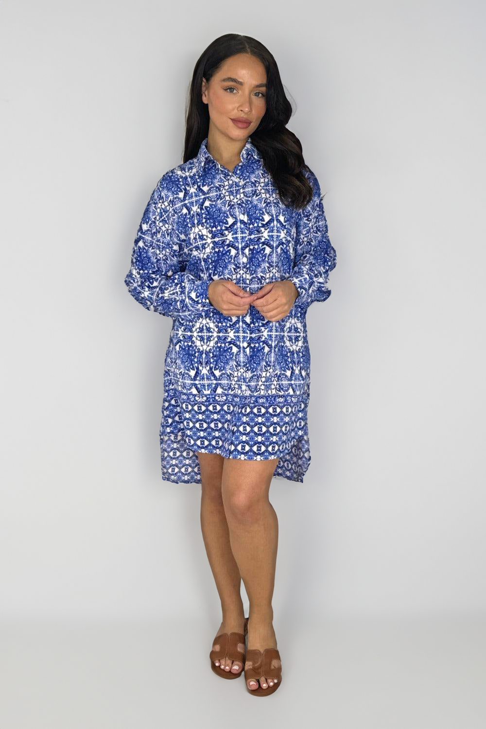 Abstract Floral Pattern Long Sleeve High Low Shirt Dress