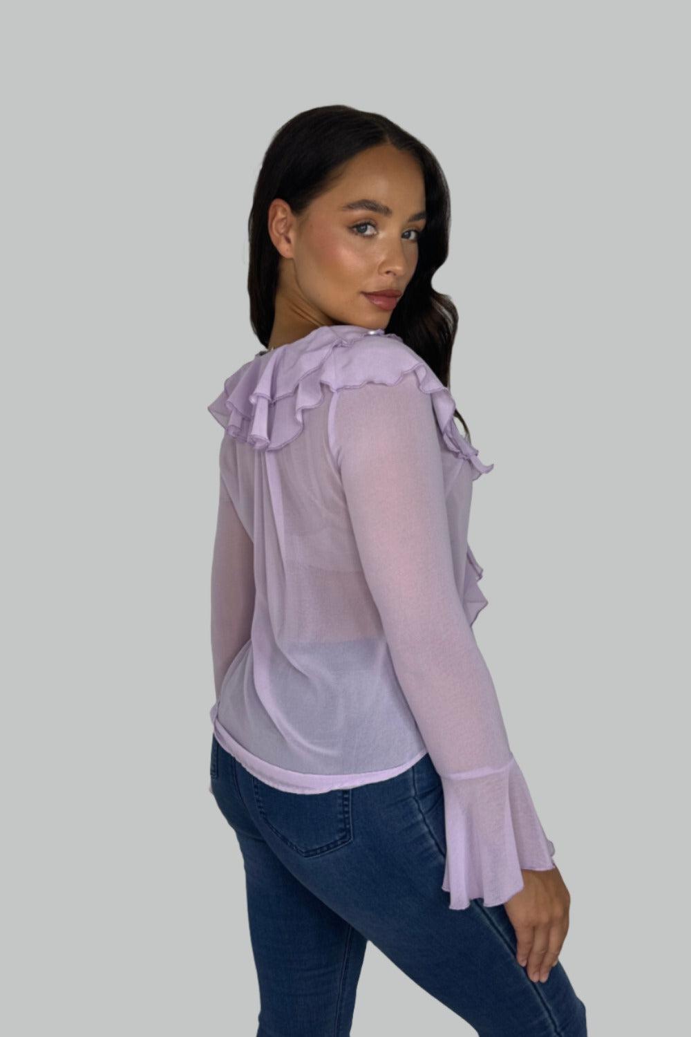 Elegant Frill Detail Low Cut Bell Sleeve Sheer Blouse-SinglePrice