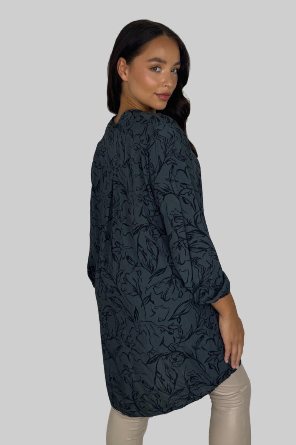 Floral Pattern Grandad Collar Sheer Viscose Tunic-SinglePrice