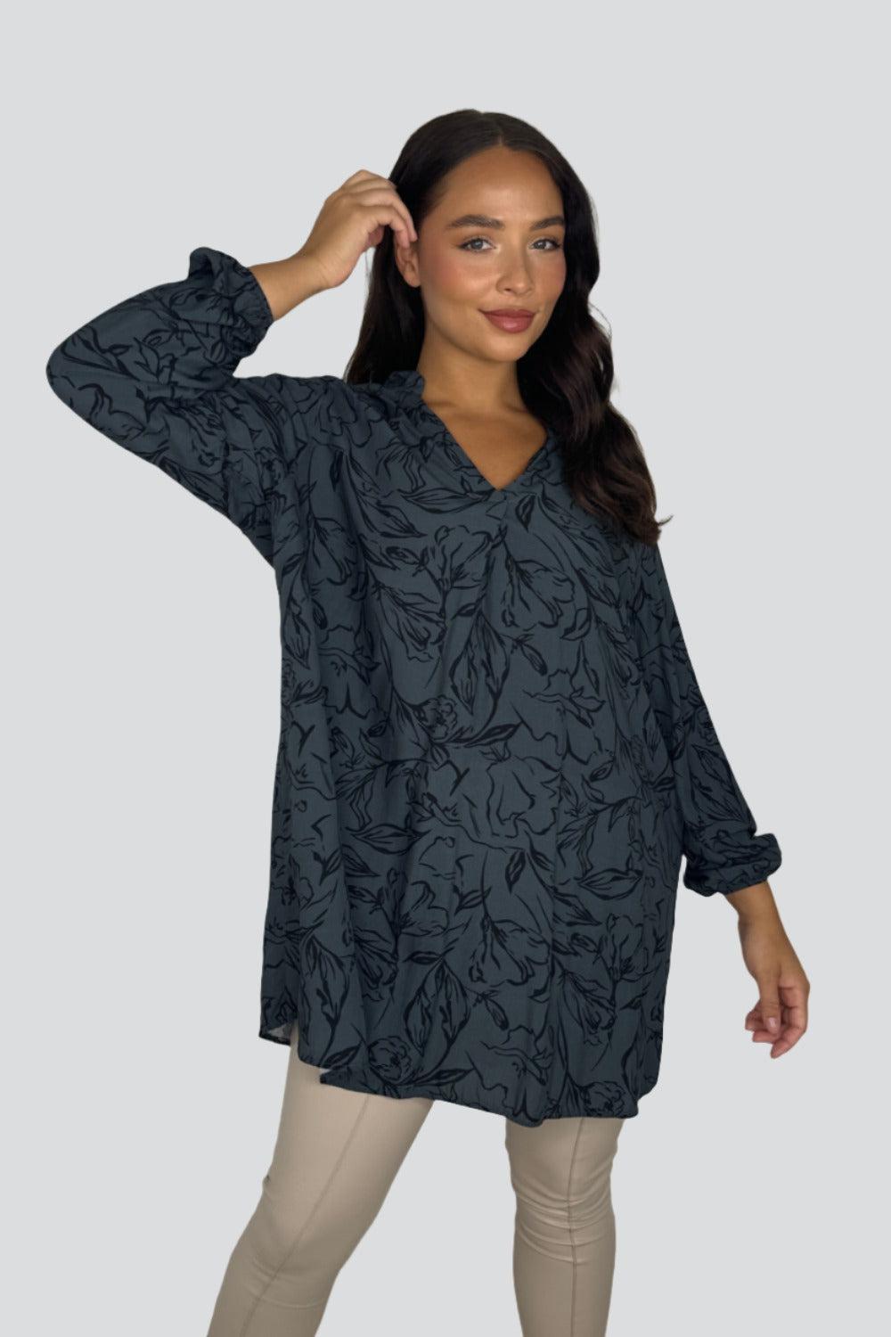 Floral Pattern Grandad Collar Sheer Viscose Tunic-SinglePrice