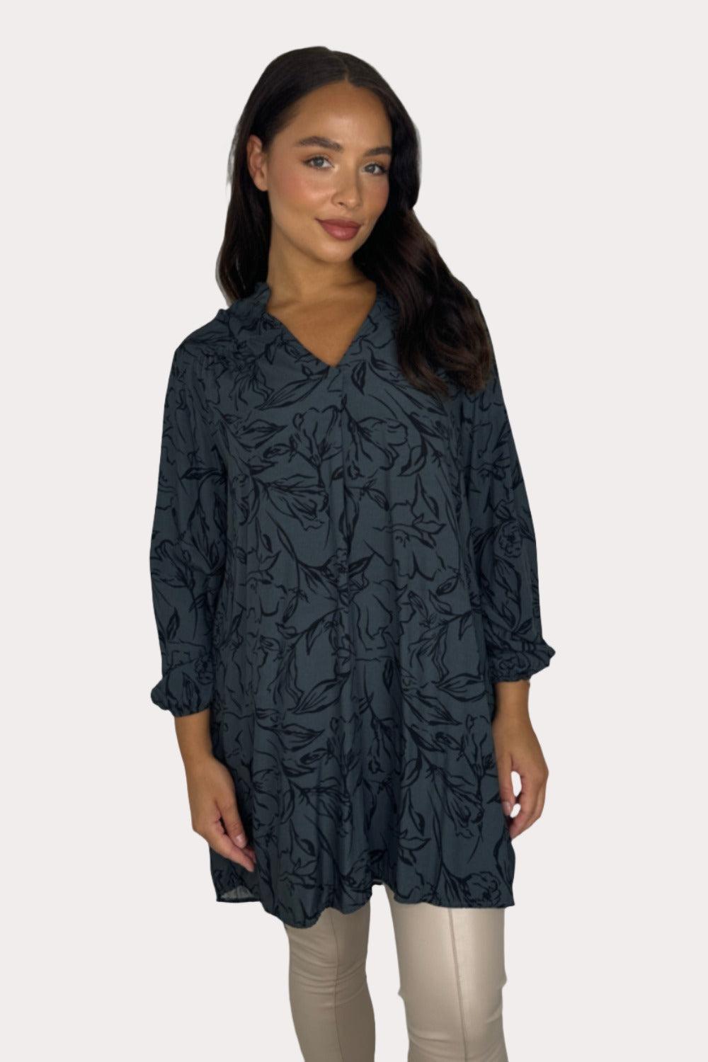 Floral Pattern Grandad Collar Sheer Viscose Tunic-SinglePrice