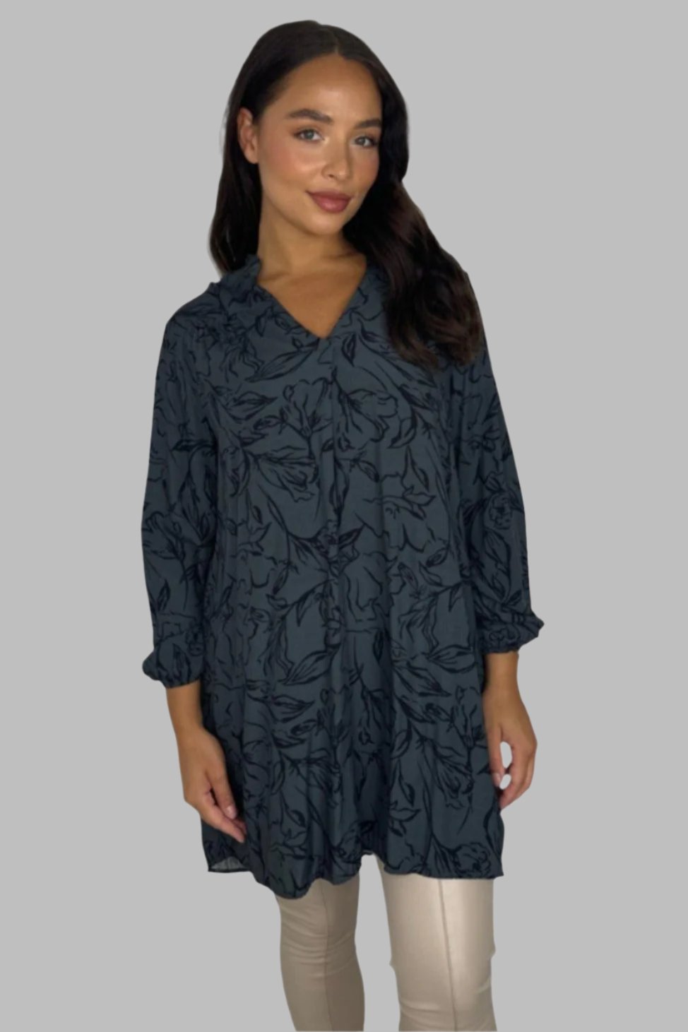 Floral Pattern Grandad Collar Sheer Viscose Tunic-SinglePrice