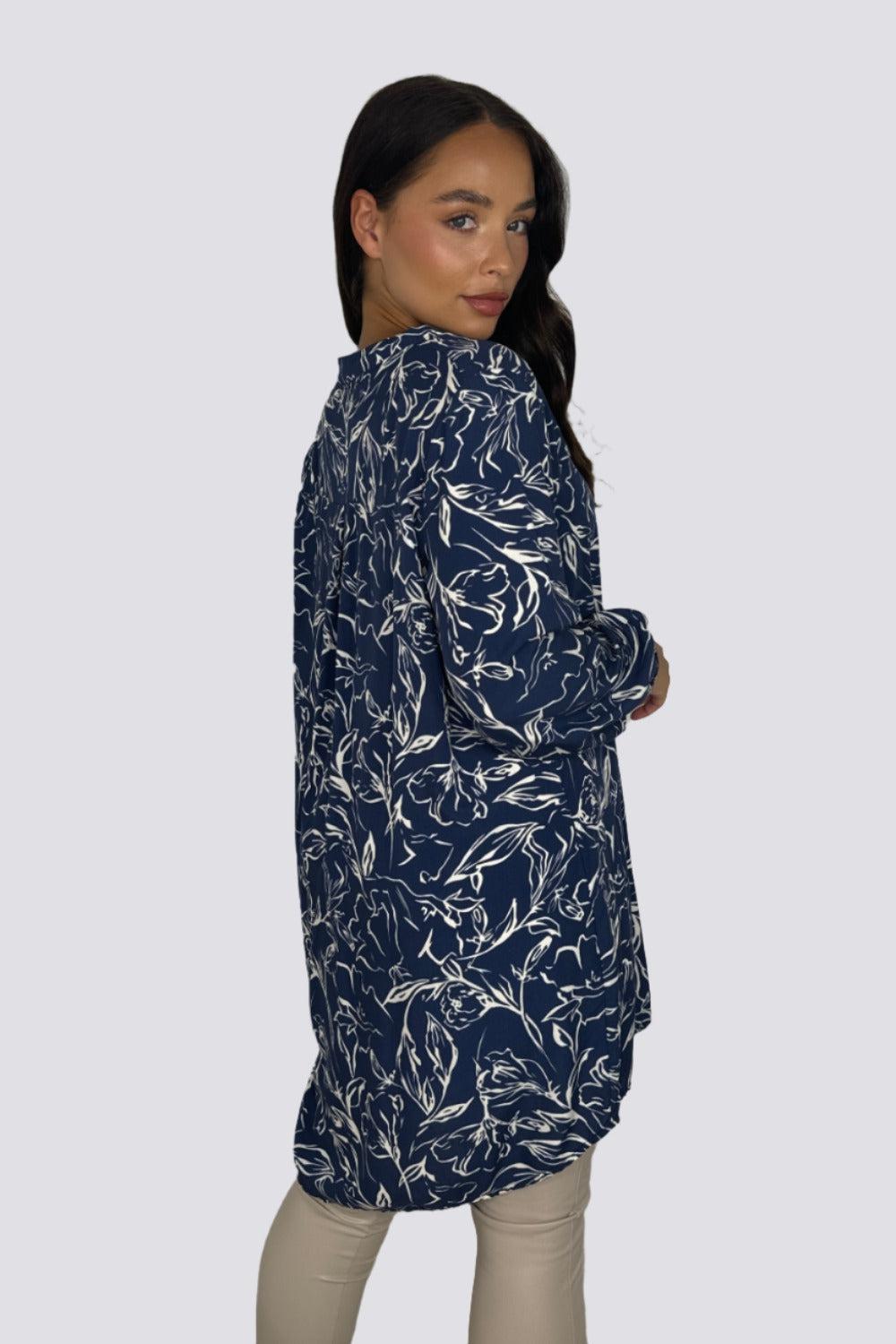 Floral Pattern Grandad Collar Sheer Viscose Tunic-SinglePrice