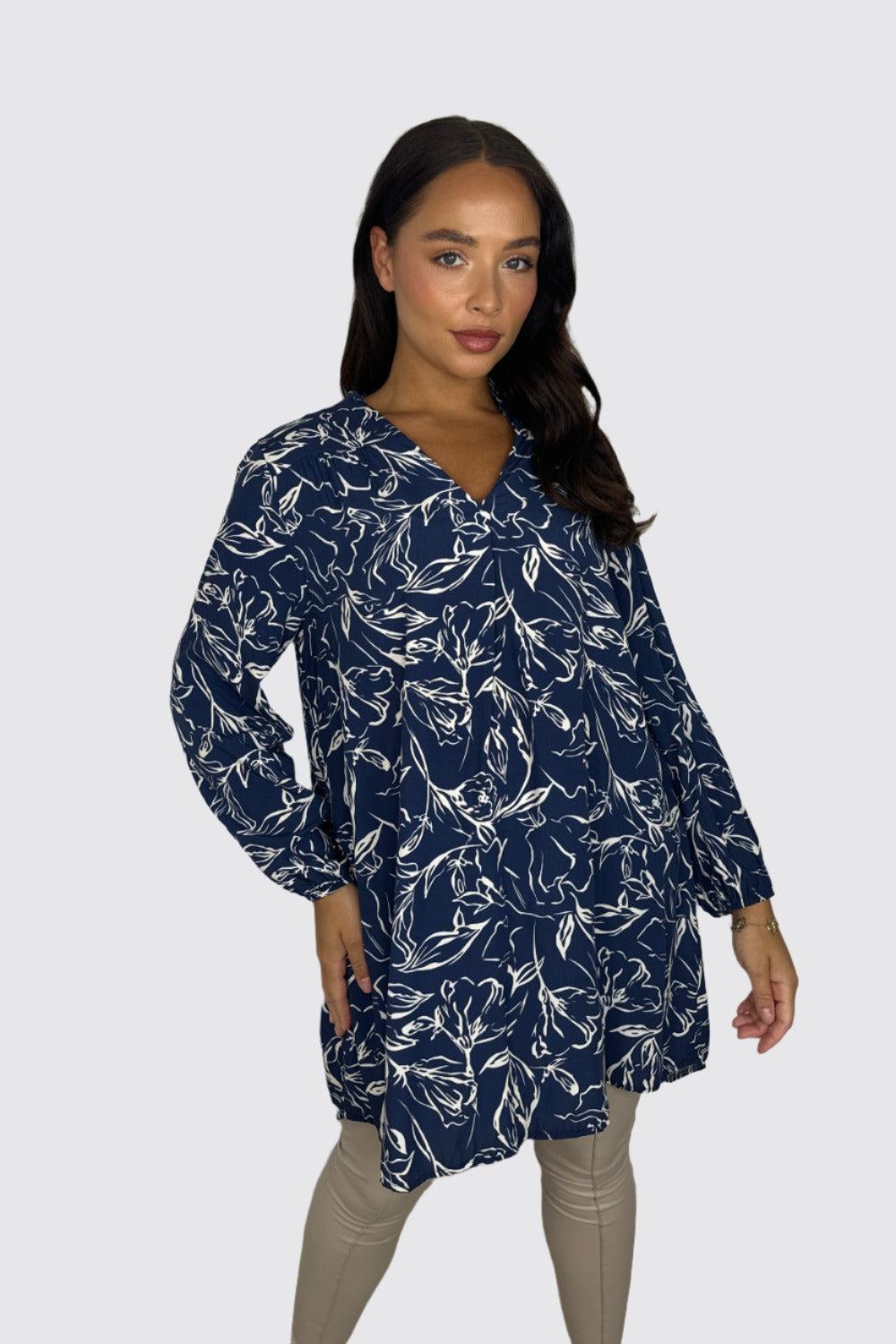 Floral Pattern Grandad Collar Sheer Viscose Tunic-SinglePrice