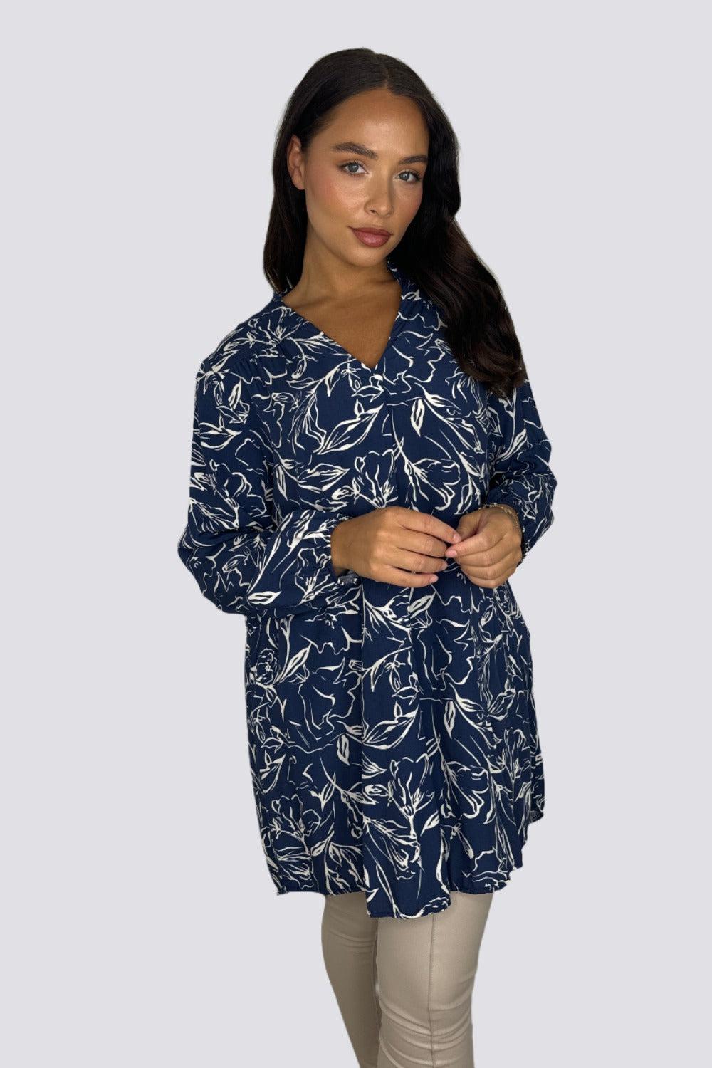 Floral Pattern Grandad Collar Sheer Viscose Tunic-SinglePrice