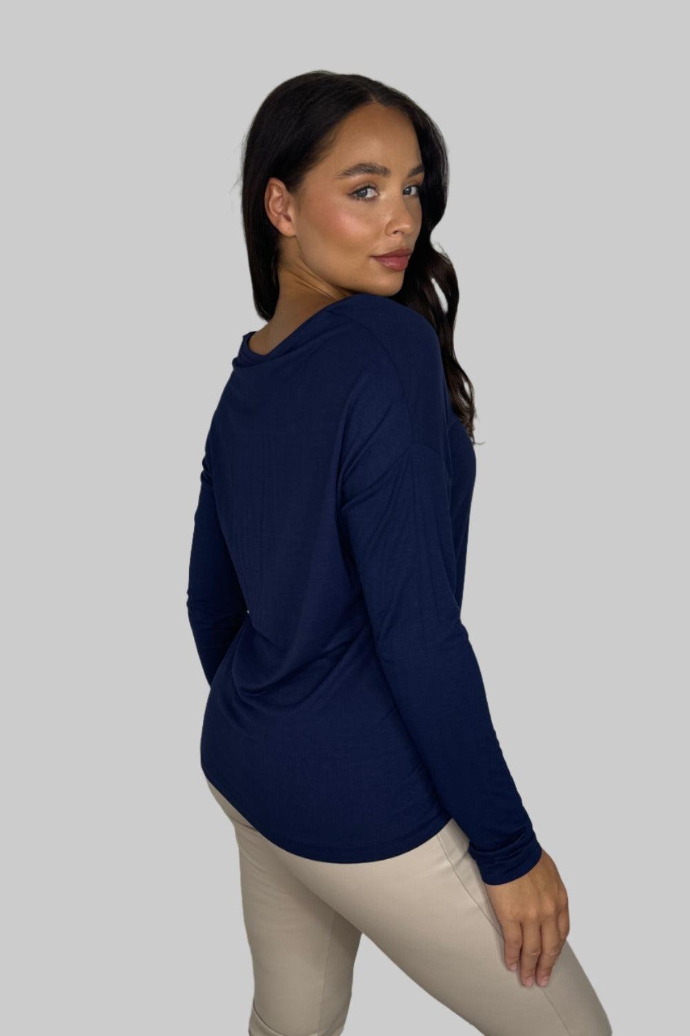 Relaxed Fit Low Cut Navy Viscose Long Sleeve Top-SinglePrice