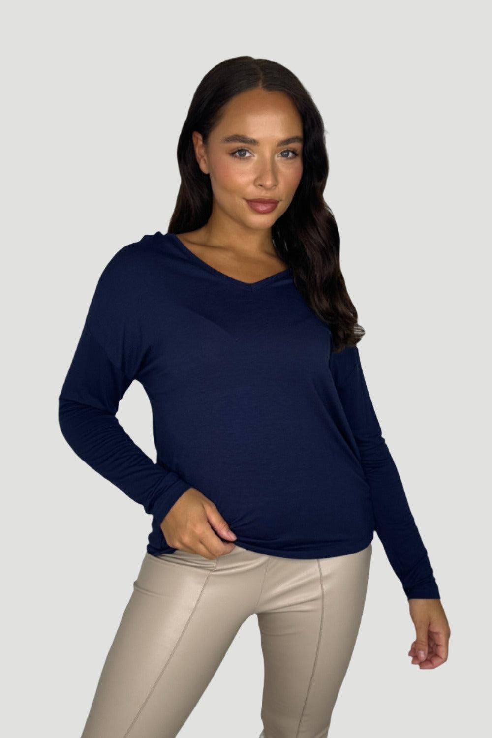 Relaxed Fit Low Cut Navy Viscose Long Sleeve Top-SinglePrice