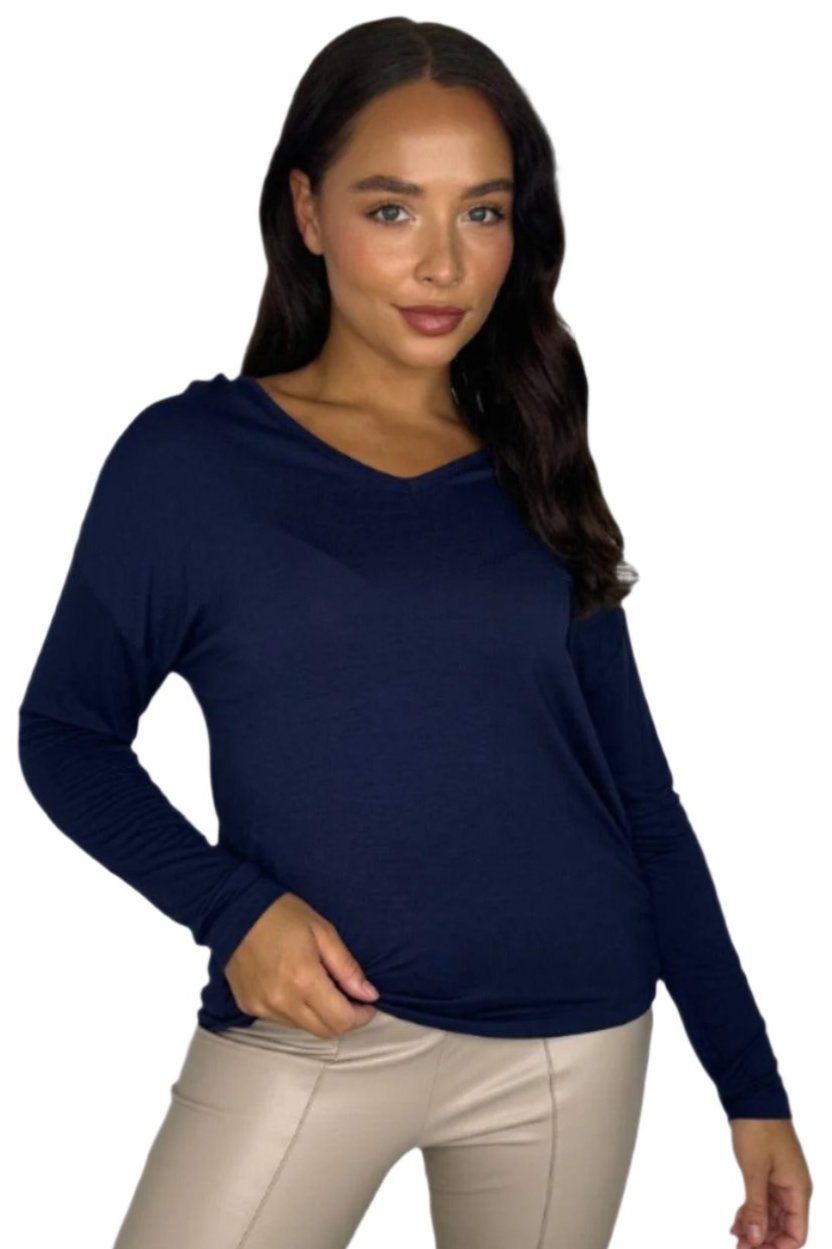 Relaxed Fit Low Cut Navy Viscose Long Sleeve Top-SinglePrice