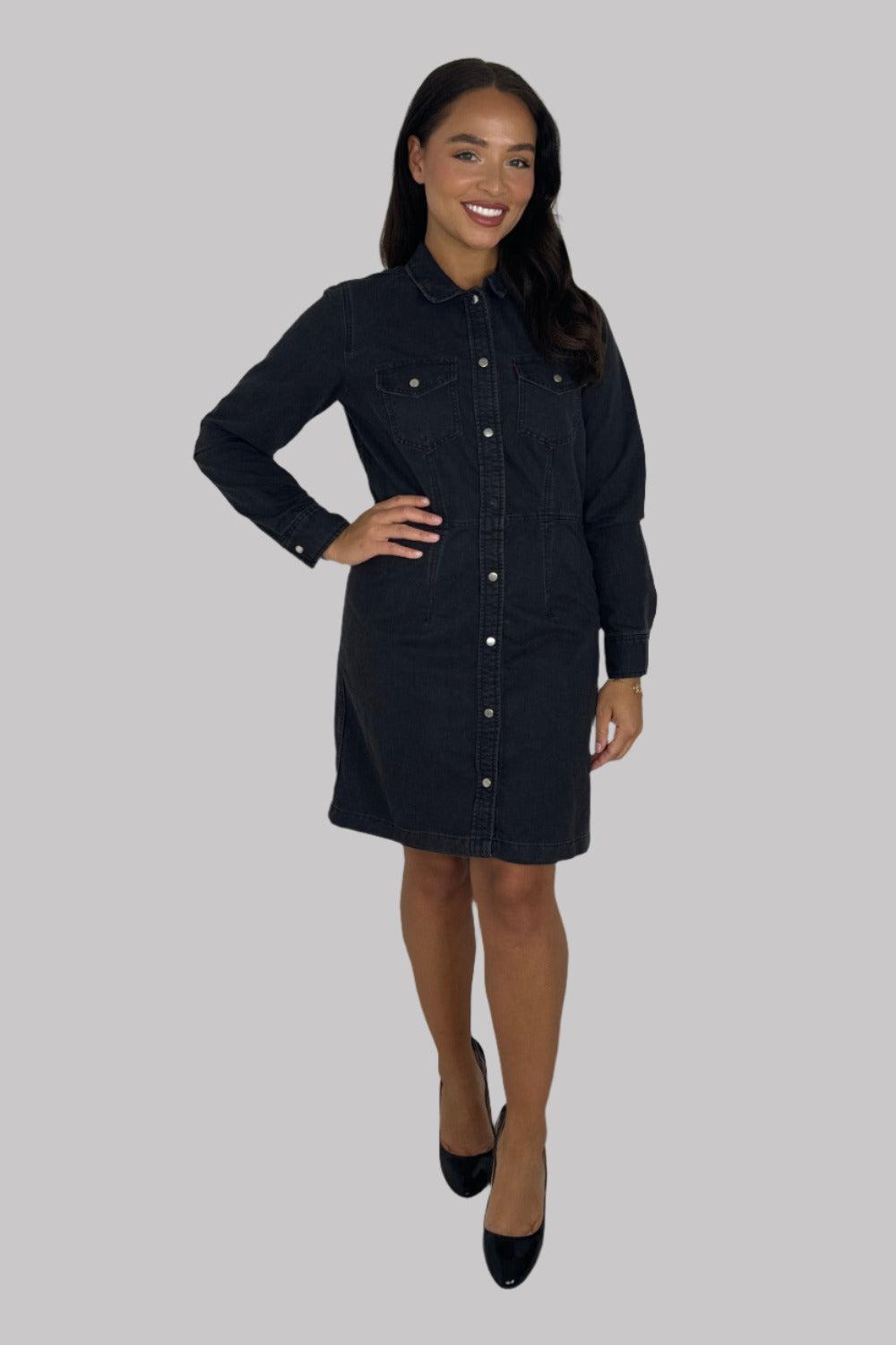 Long Sleeve Chinched Waist Denim Shirt Dress-SinglePrice