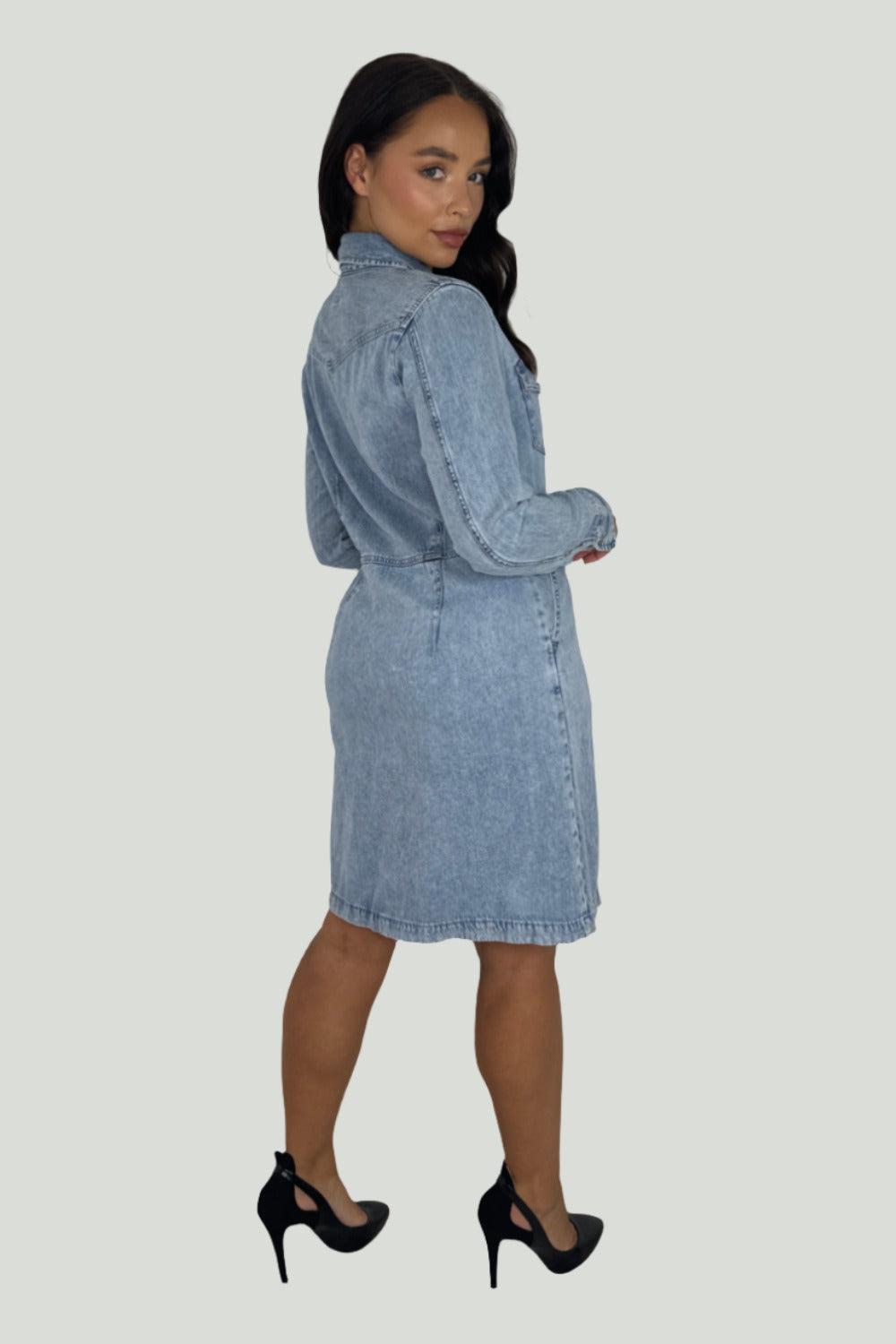 Blue Large Pockets Button Down Cinched Denim Dress-SinglePrice