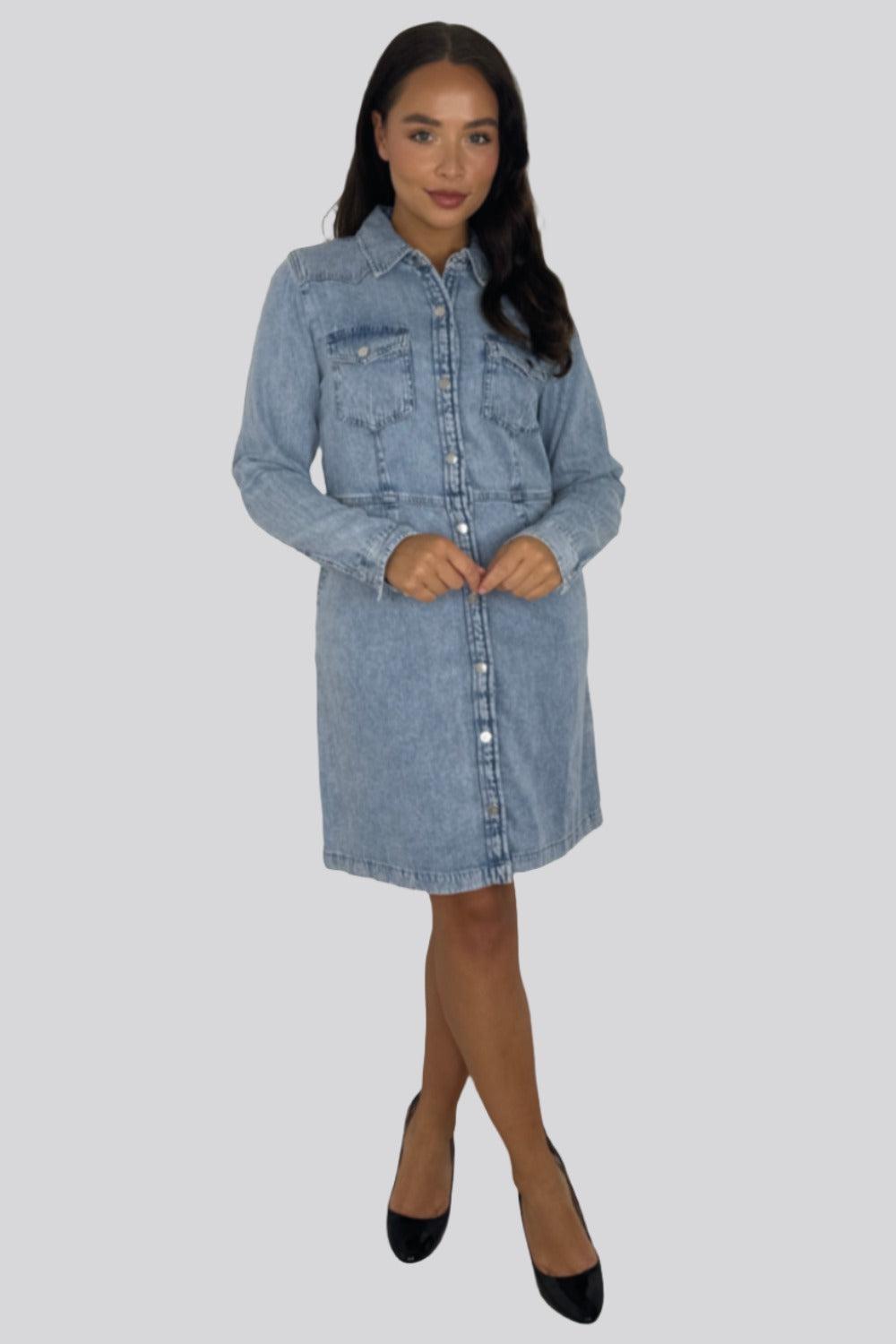 Blue Large Pockets Button Down Cinched Denim Dress-SinglePrice