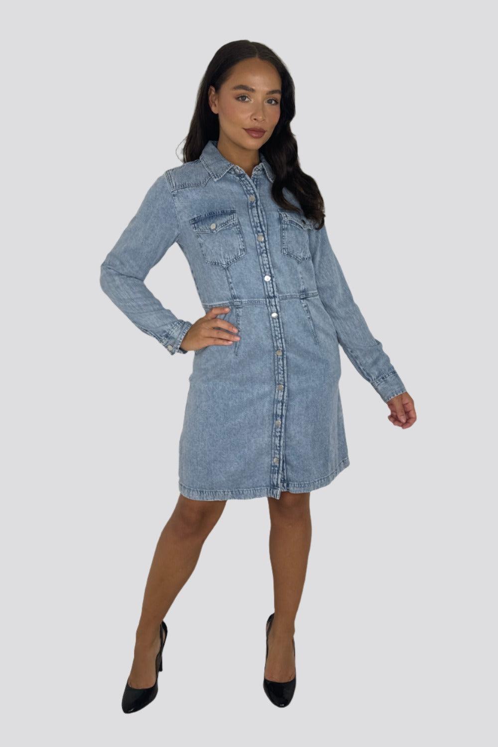 Blue Large Pockets Button Down Cinched Denim Dress-SinglePrice