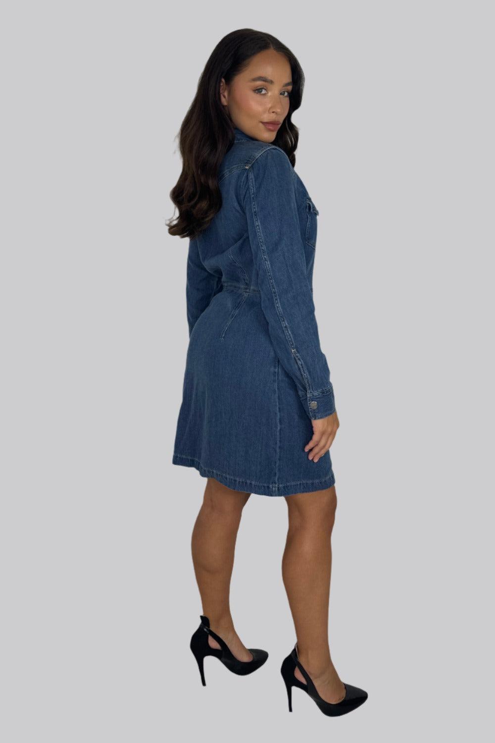 Long Sleeve Chinched Waist Denim Shirt Dress-SinglePrice