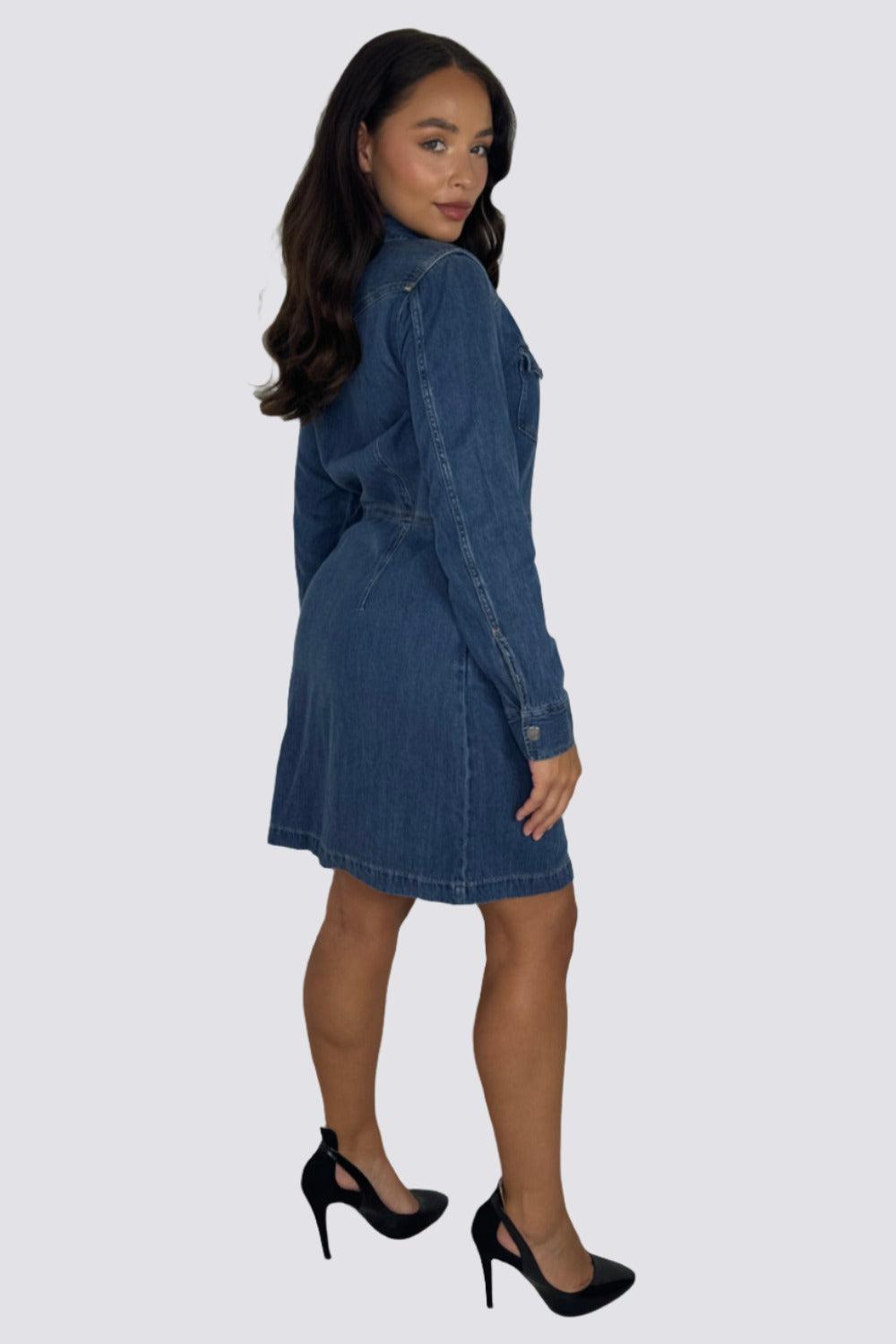 Blue Large Pockets Button Down Cinched Denim Dress-SinglePrice