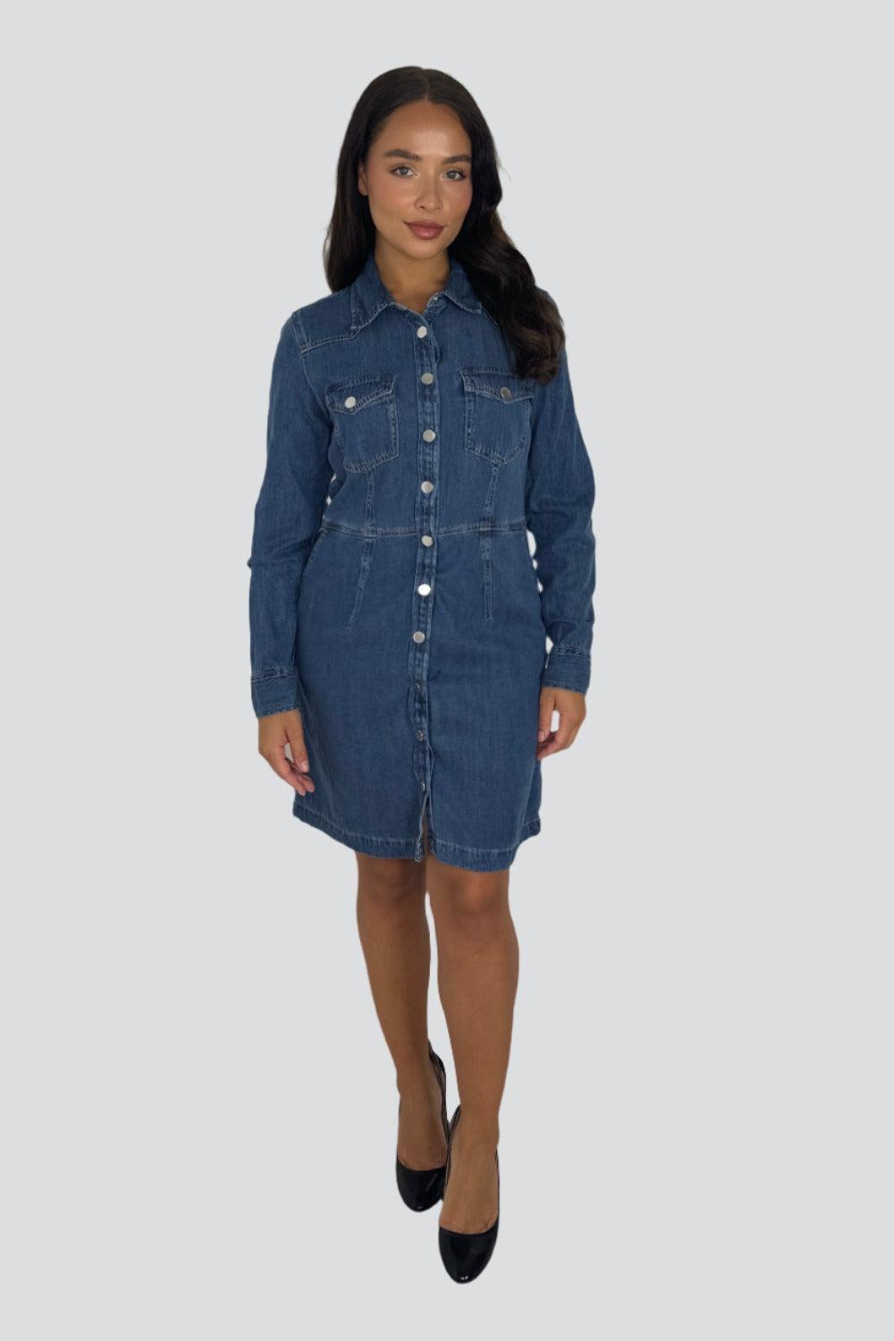 Blue Large Pockets Button Down Cinched Denim Dress-SinglePrice