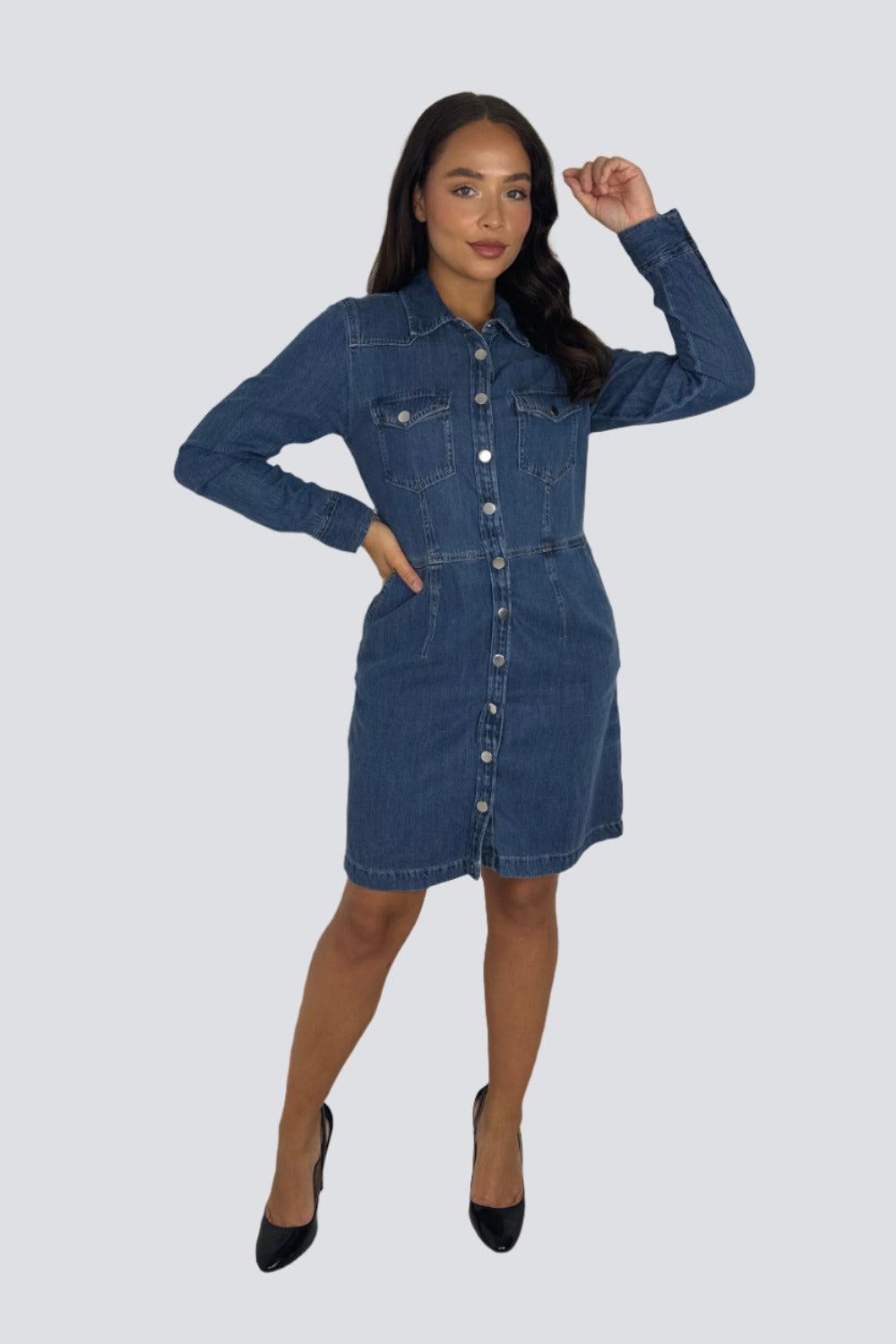 Blue Large Pockets Button Down Cinched Denim Dress-SinglePrice