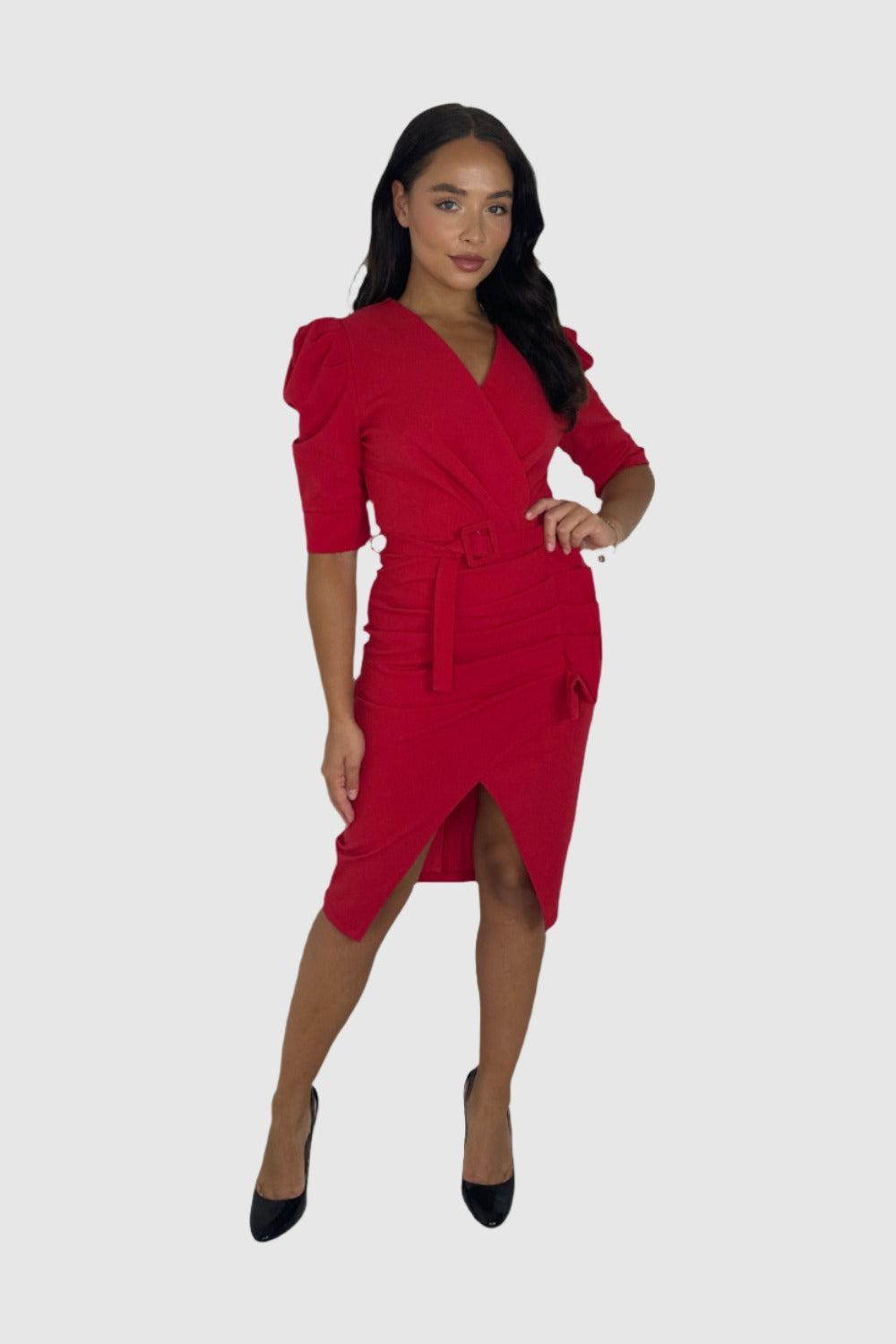 Puff Sleeve Ruched Belted Slit Midi Bodycon Dress-SinglePrice