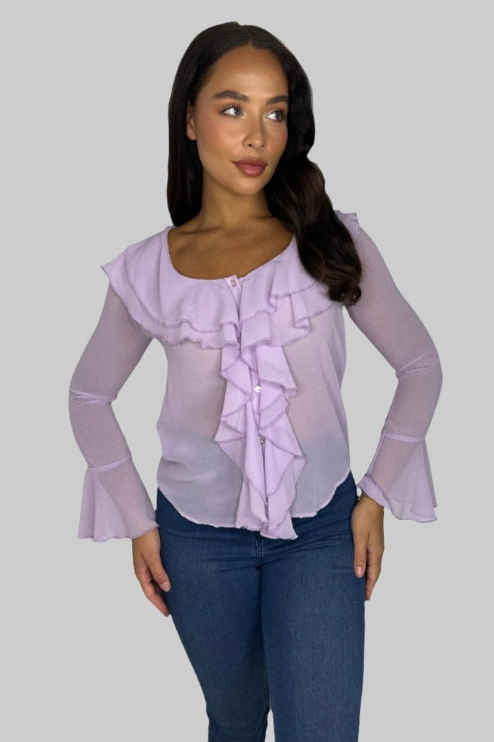 Elegant Frill Detail Low Cut Bell Sleeve Sheer Blouse-SinglePrice