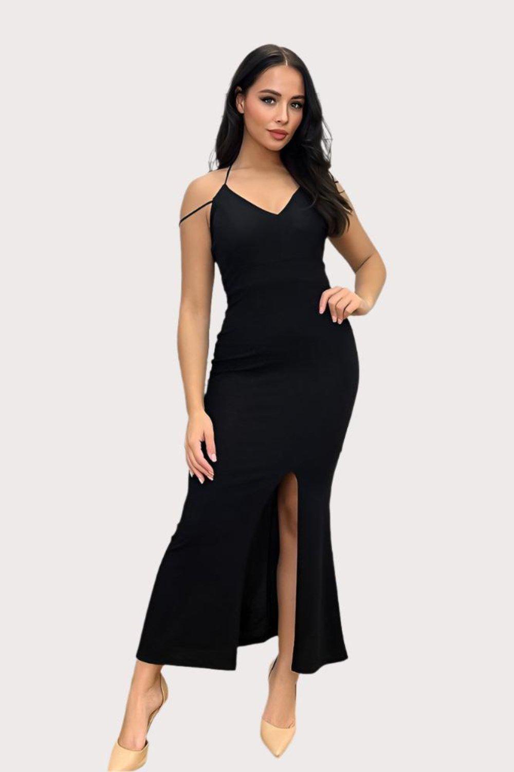 Shimmer Finish Leg Split Bodycon Maxi Dress-SinglePrice