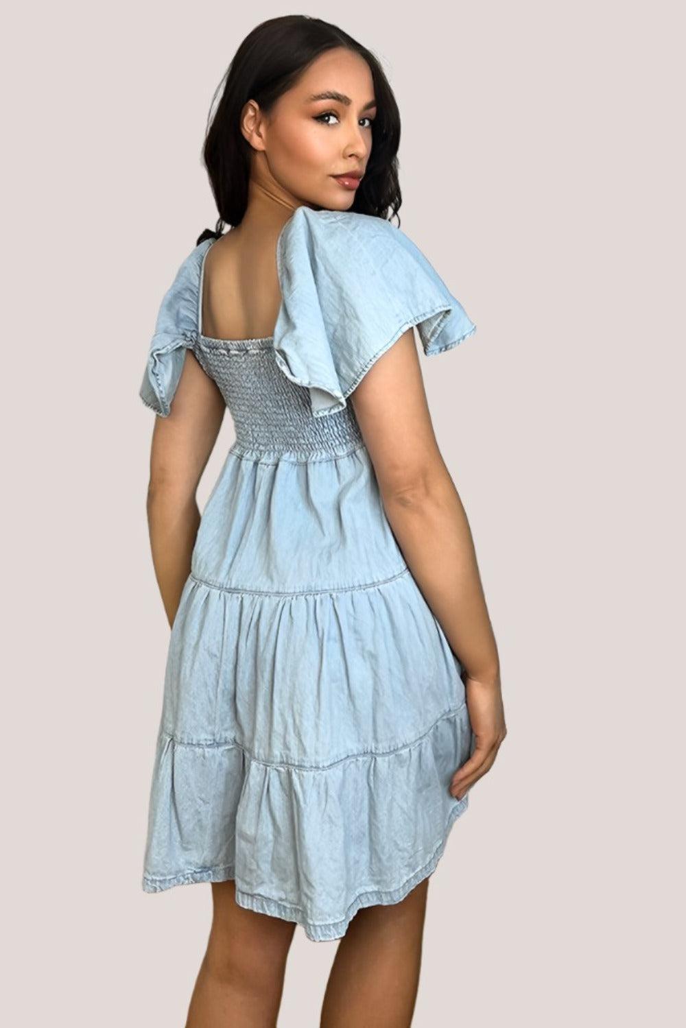 100% Cotton Light Denim Blue Milkmaid Dress-SinglePrice