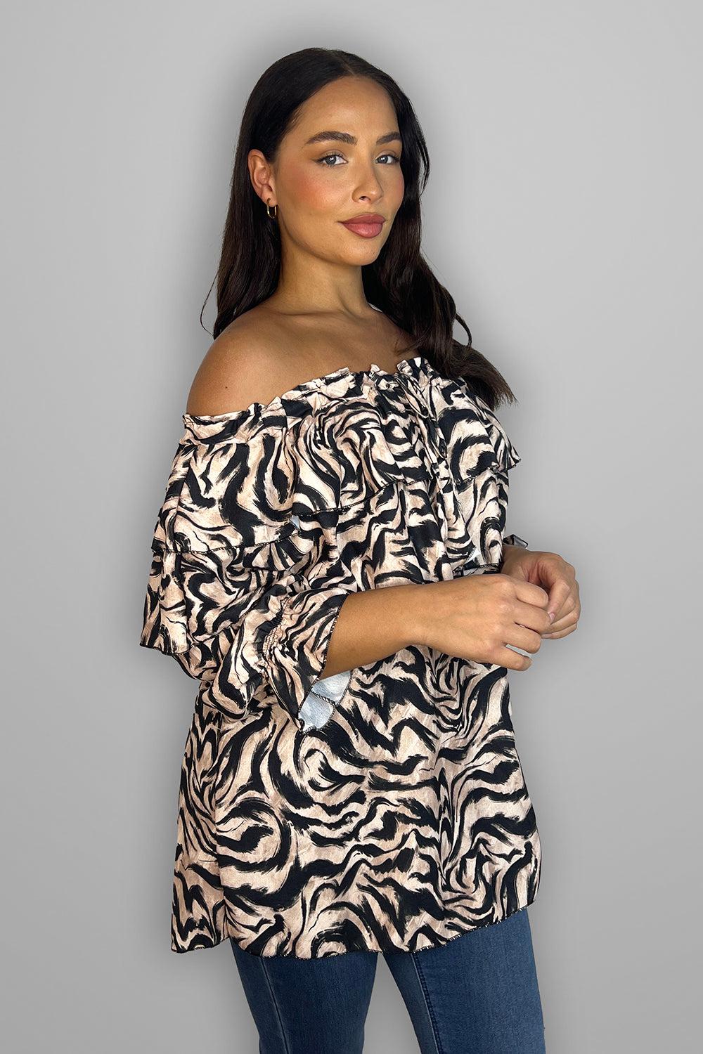 Drawstring Neckline Zebra Print Blouse-SinglePrice