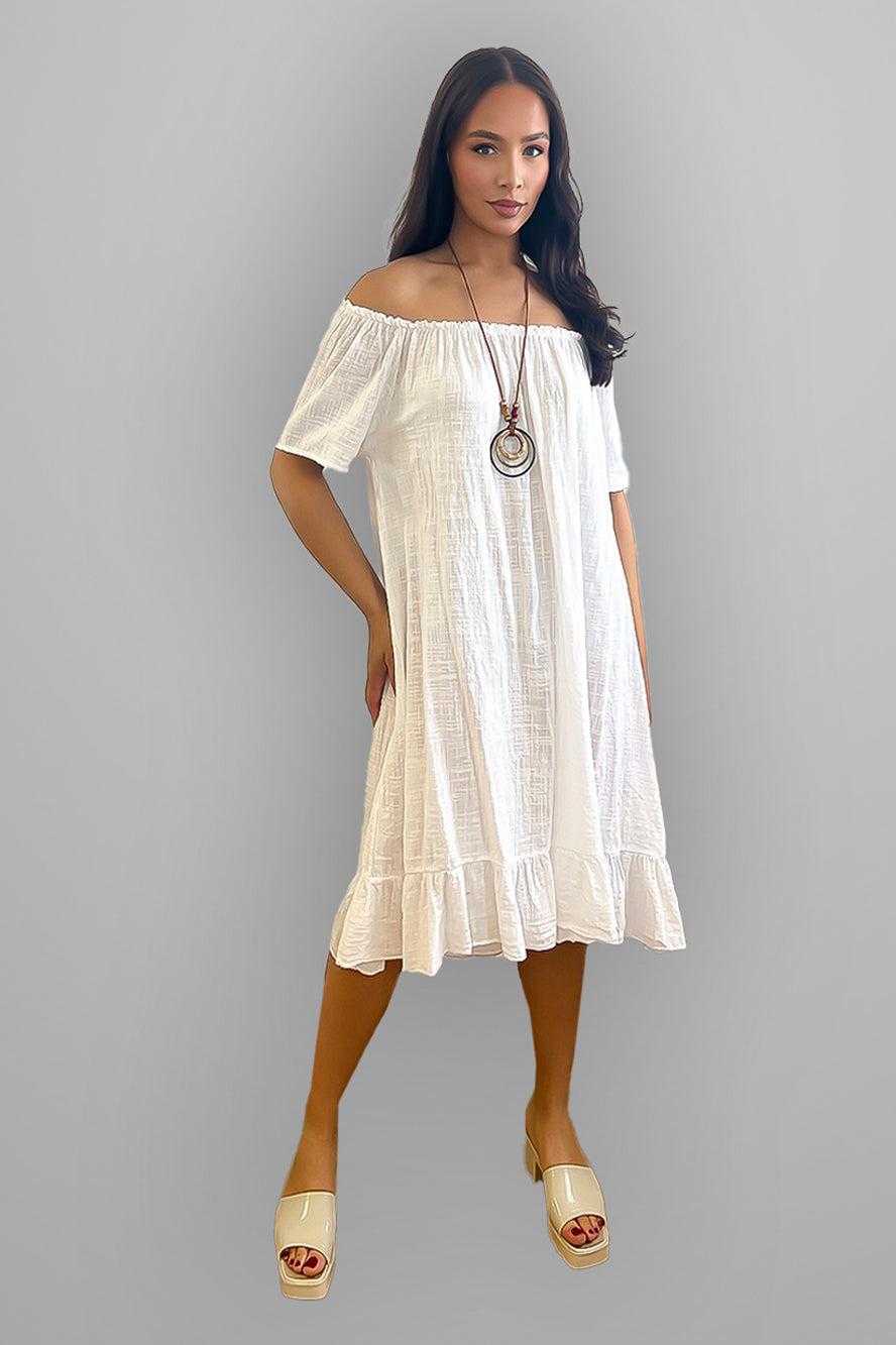 All Cotton Off Shoulder Summer Midi Dress-SinglePrice