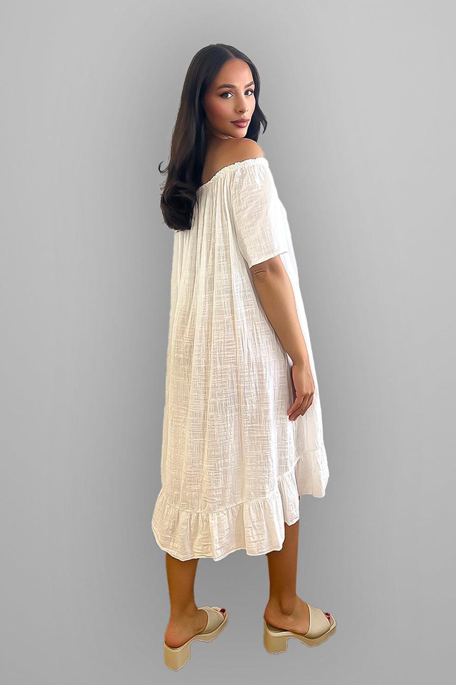 All Cotton Off Shoulder Summer Midi Dress-SinglePrice