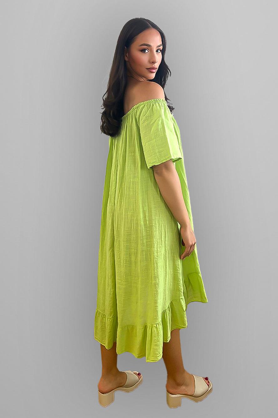 All Cotton Off Shoulder Summer Midi Dress-SinglePrice