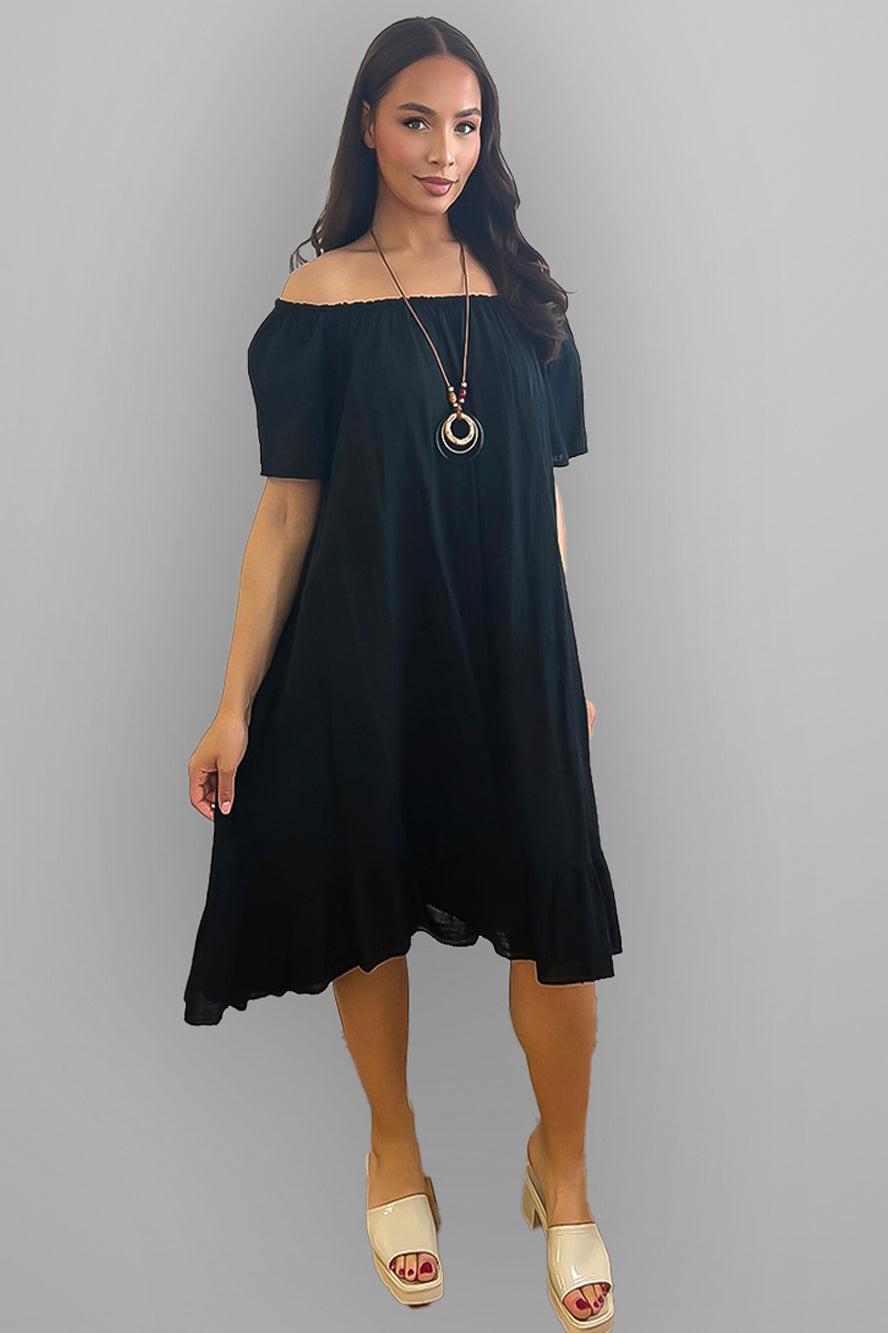 All Cotton Off Shoulder Summer Midi Dress-SinglePrice