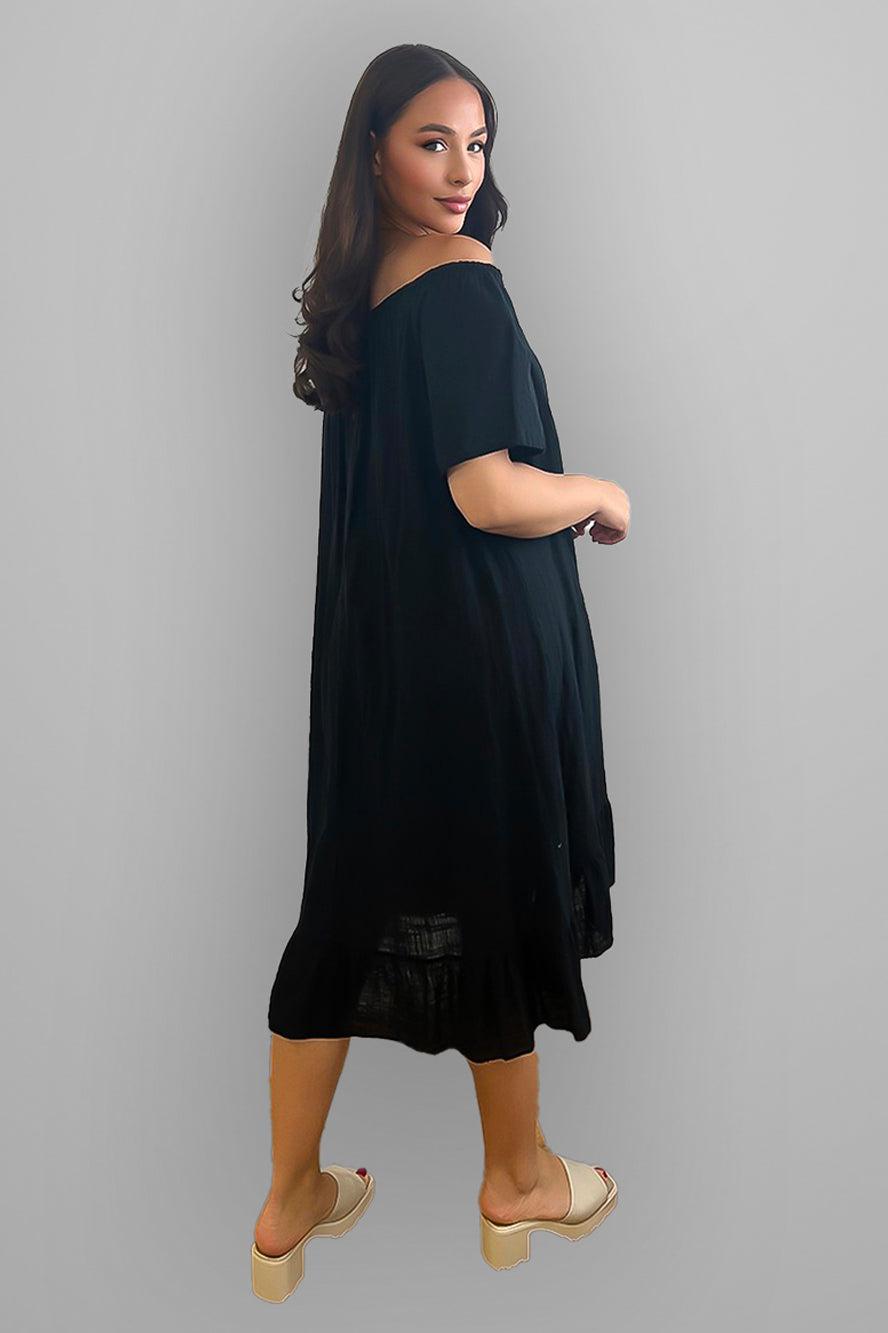 All Cotton Off Shoulder Summer Midi Dress-SinglePrice