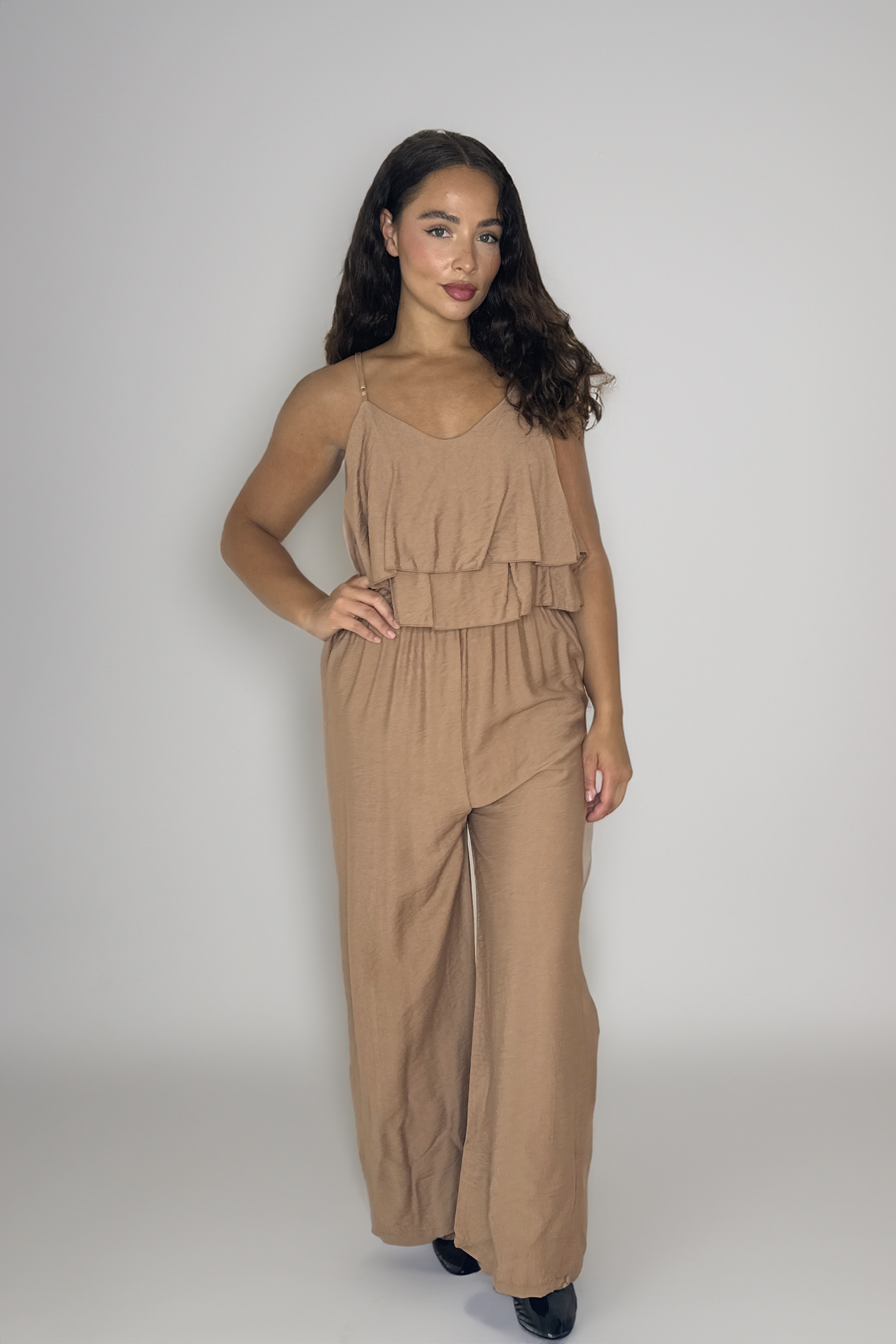 Strappy Layered Cinched Waist Viscose Blend Jumpsuit-SinglePrice