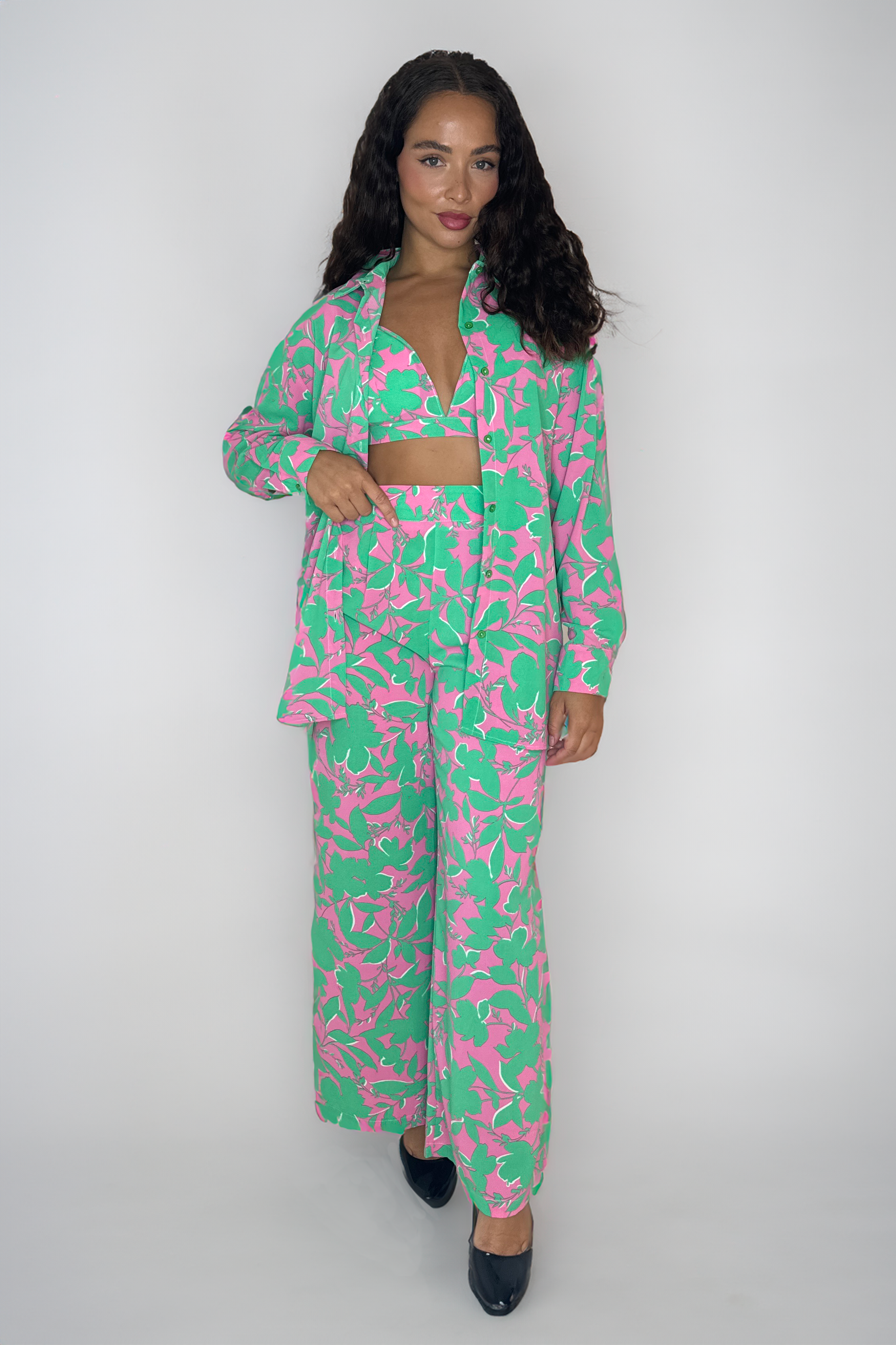 Floral Print Wide Leg High Rise Trousers Relax Fit Relax Fit Blouse And Brallet 3-piece Co-ord Set-SinglePrice