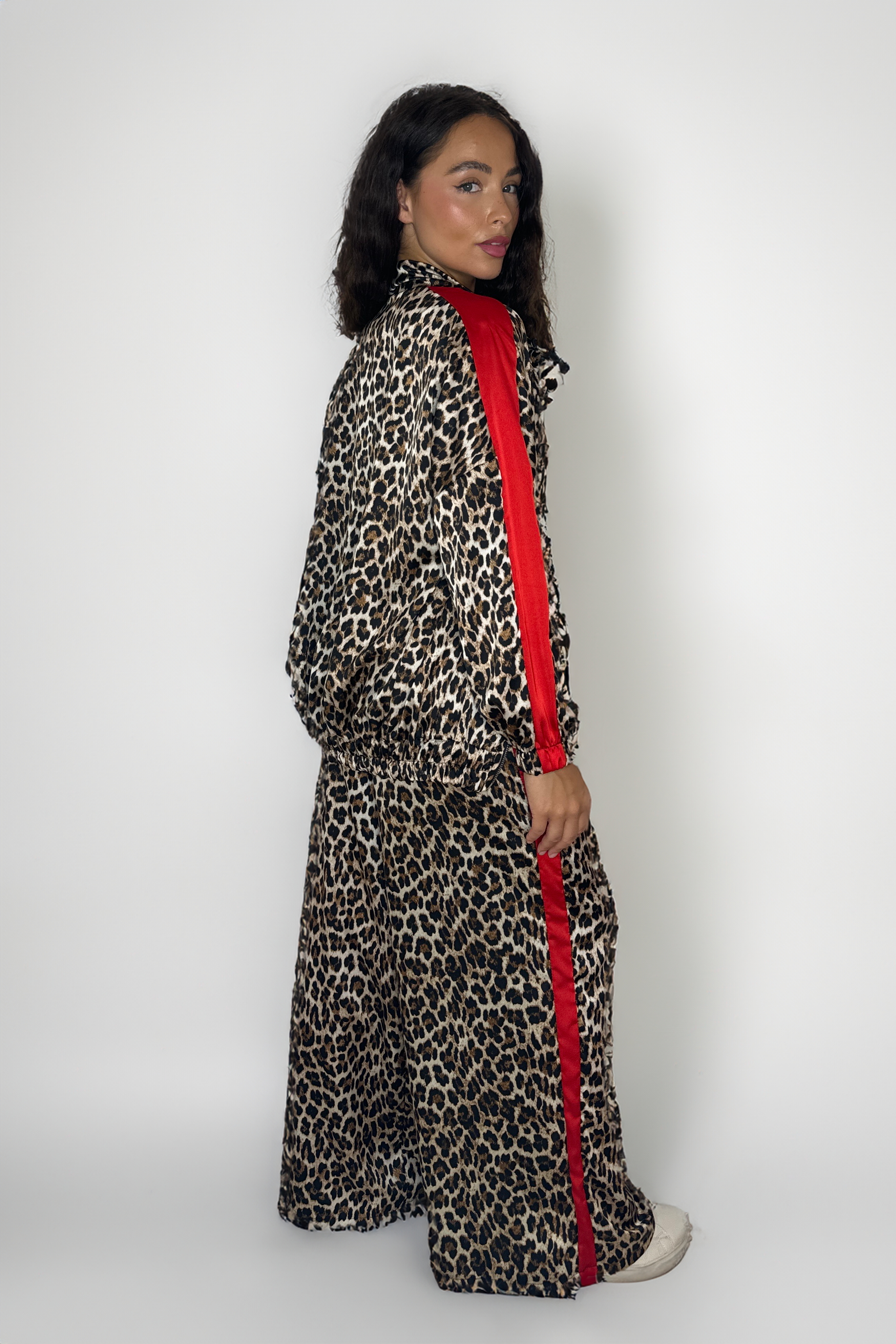 Leopard Print Colour Block Stripe Zşpper Jacket And Wide Leg Trousers Thin Satin Co-ord Set-SinglePrice