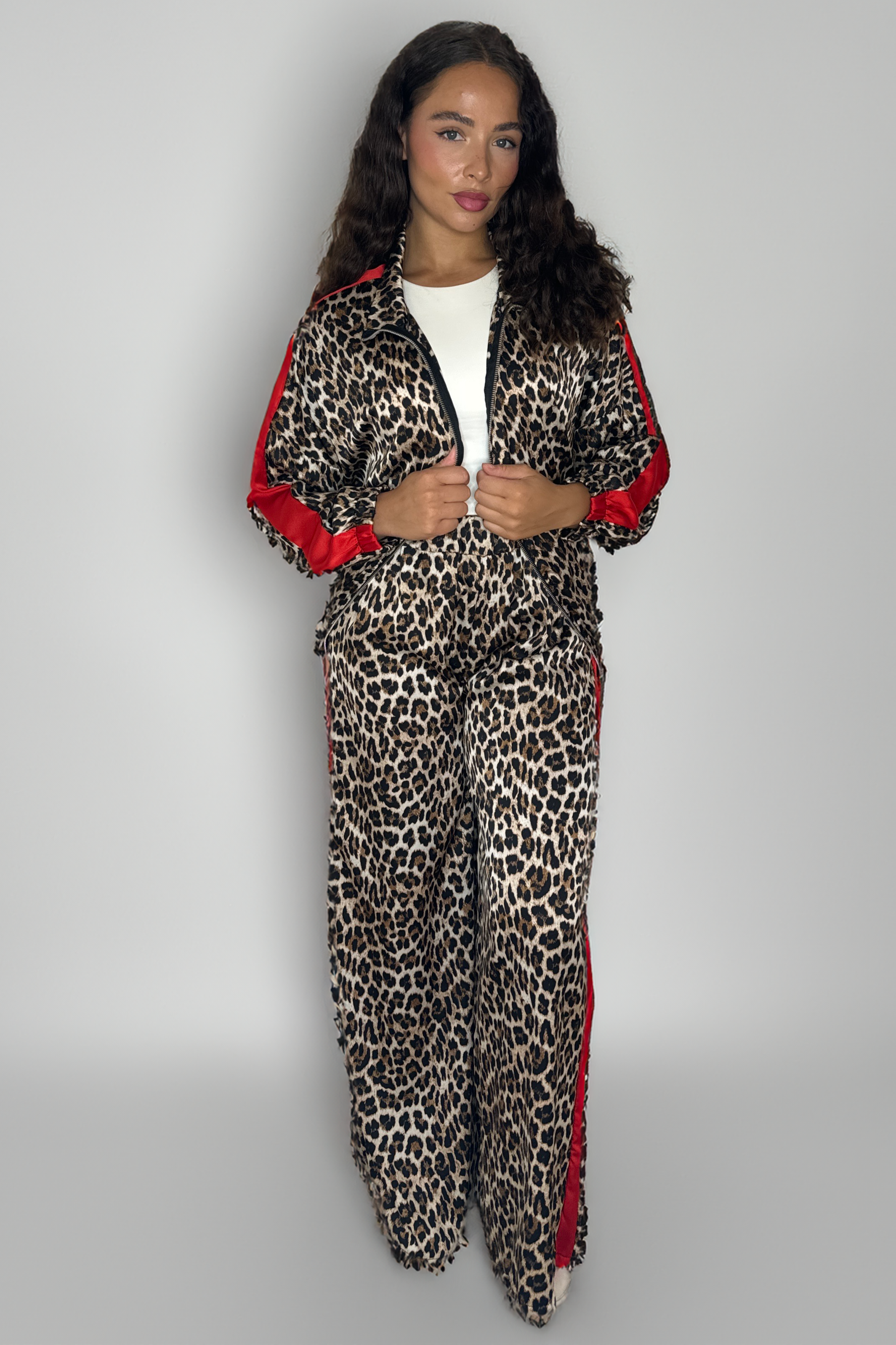 Leopard Print Colour Block Stripe Zşpper Jacket And Wide Leg Trousers Thin Satin Co-ord Set-SinglePrice